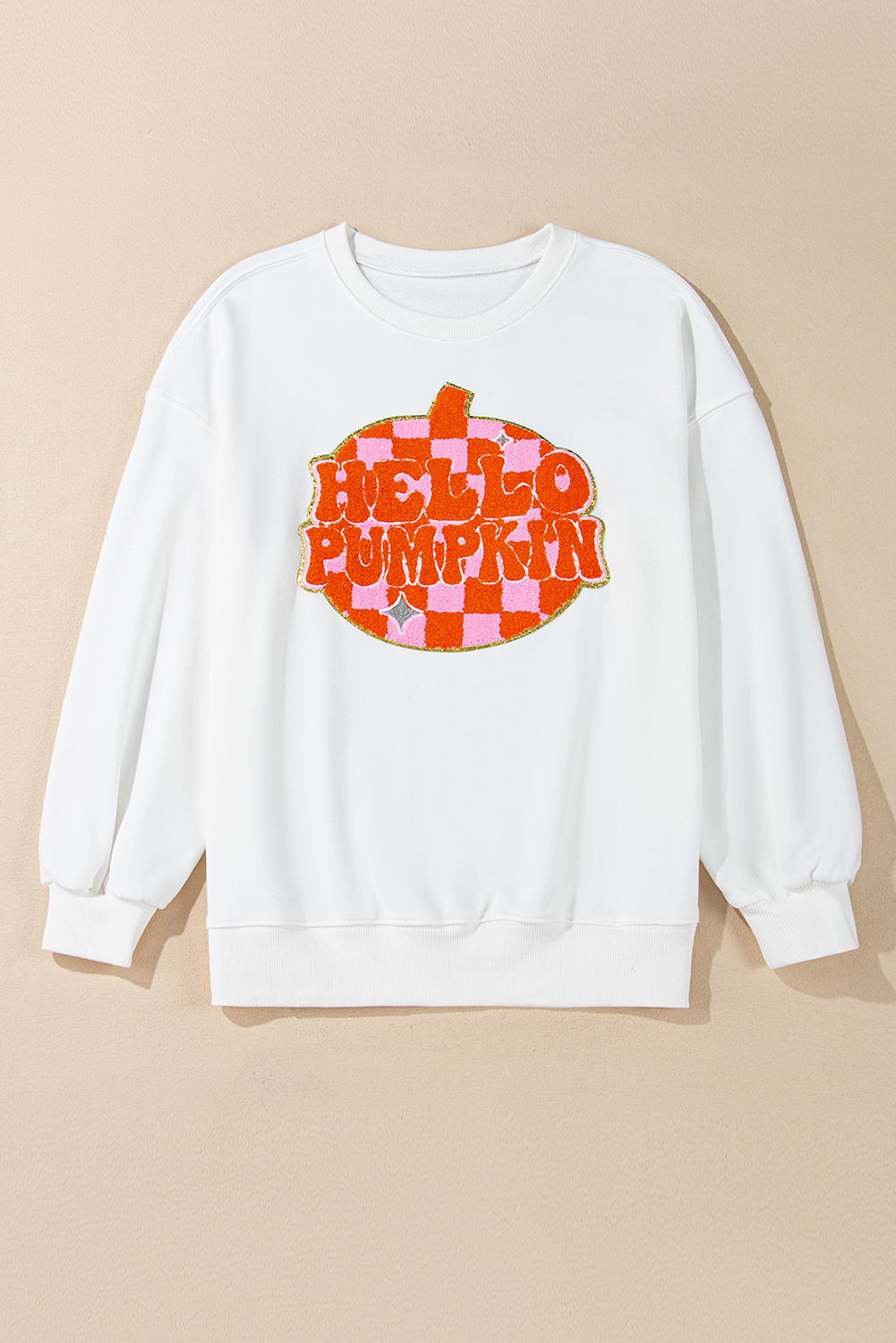White Terry Halloween Pumpkin Patched Pattern Pullover Sweatshirt - loveforevers