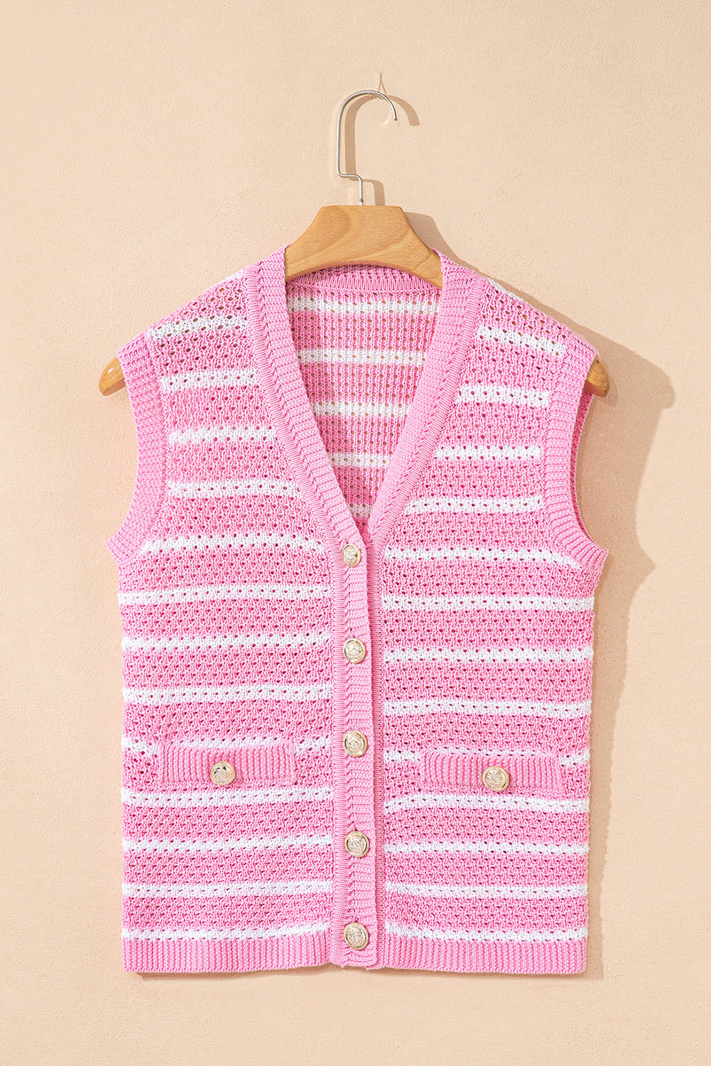 Sky Blue Stripe V Neck Gold Buttons Elegant Sweater Vest - loveforevers