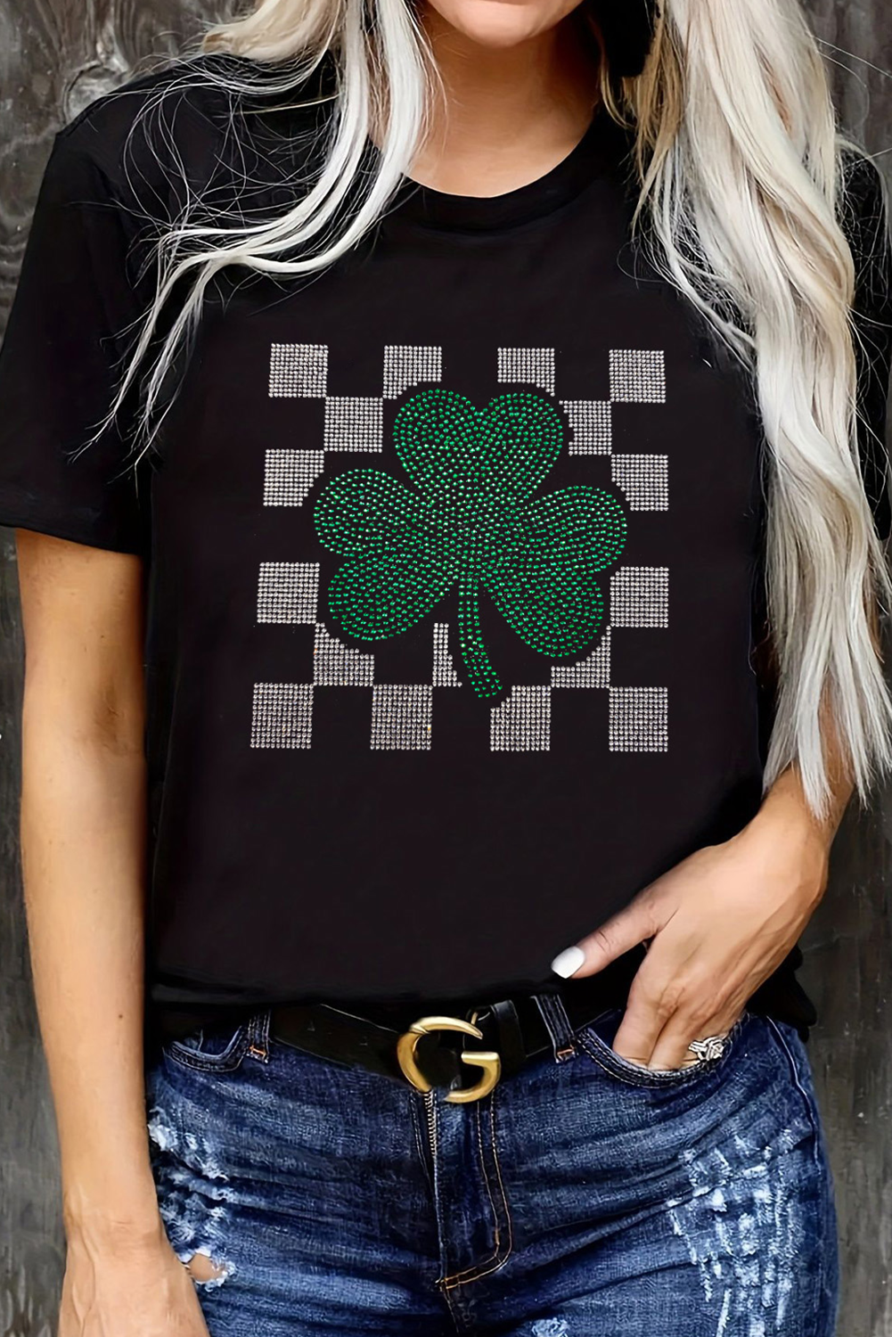 Black Clover Checkered Rhinestone Crew Neck T Shirt - loveforevers