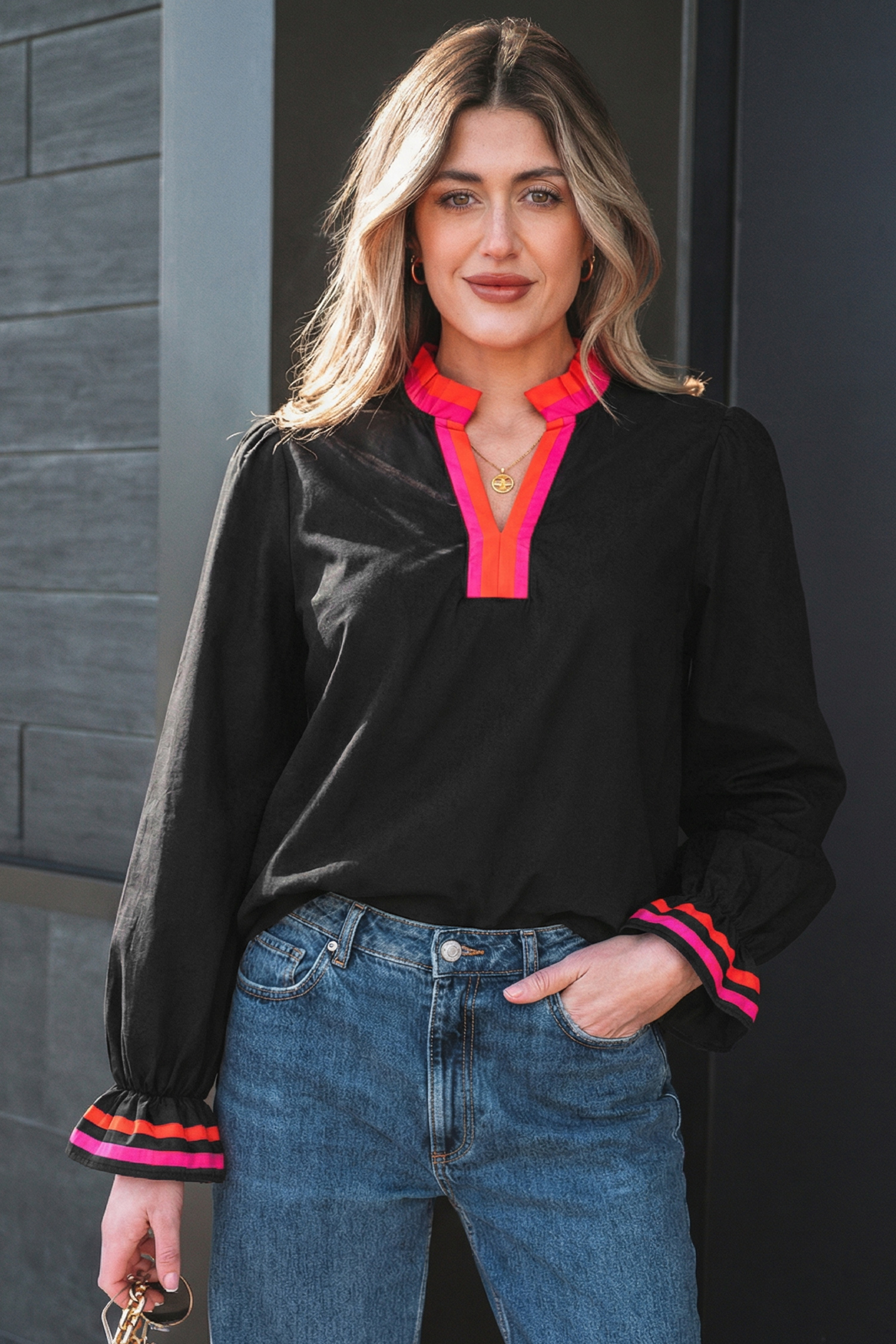 Four Leaf Clover Striped Trim Ruffle Split Neck Long Sleeve Blouse - loveforevers