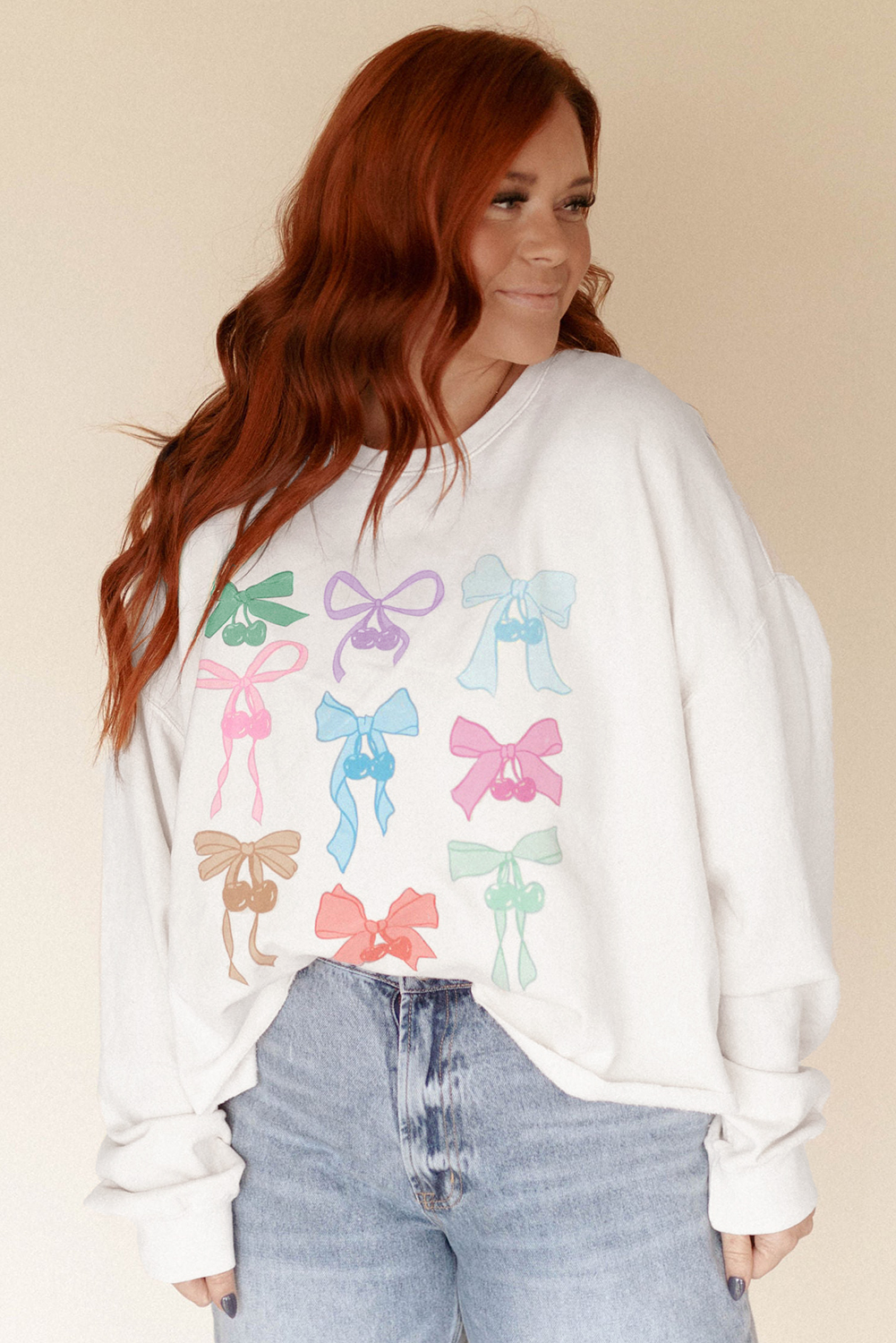 White Bowknot Pattern Drop Shoulder Loose Sweatshirt - loveforevers