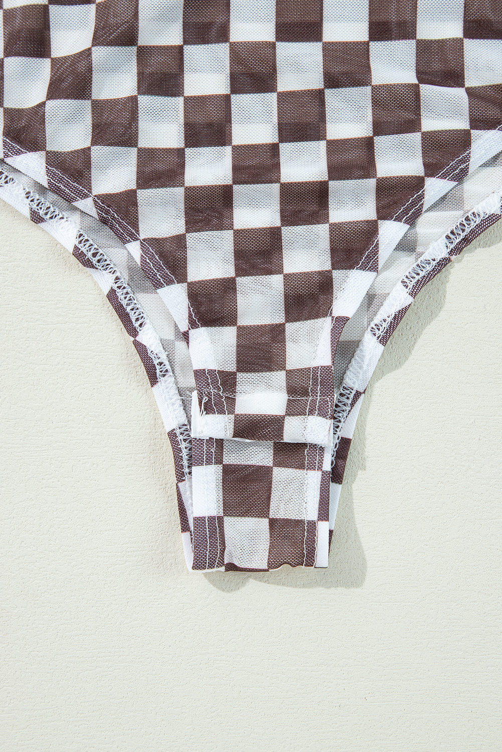 Khaki Checkered Pattern Mesh Mock Neck Long Sleeve Top - loveforevers