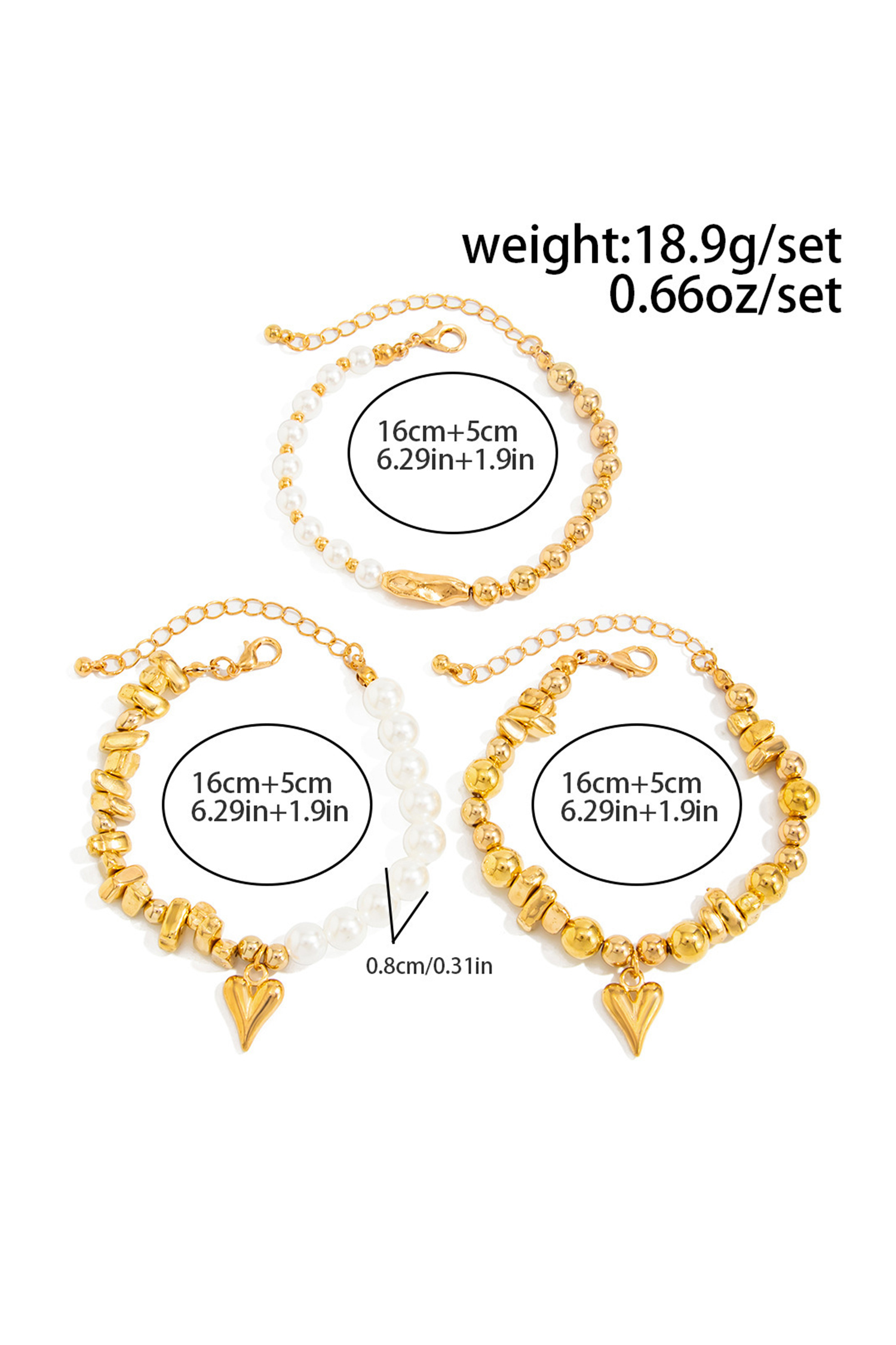 Gold 3pcs Irregular Beads Pearl Detail Bracelet Set - loveforevers