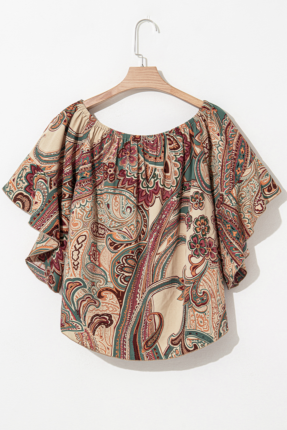 Apricot Paisley Printed Shirred Off Shoulder Ruffled Draped Sleeve Blouse - loveforevers