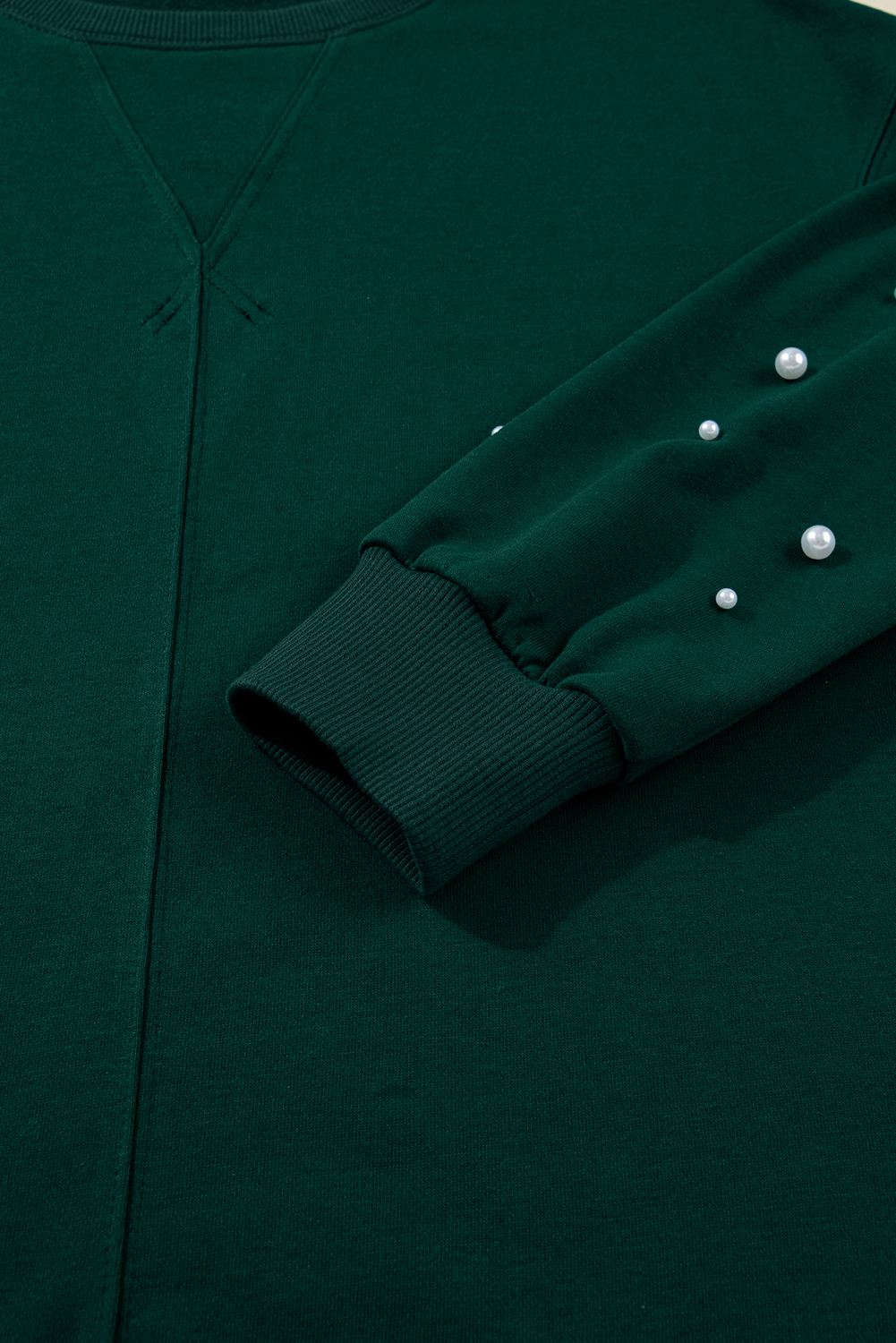 Dark Green Pearl Embellished Drop Shoulder Pullover Elastic Waist Mini Skirt Set - loveforevers
