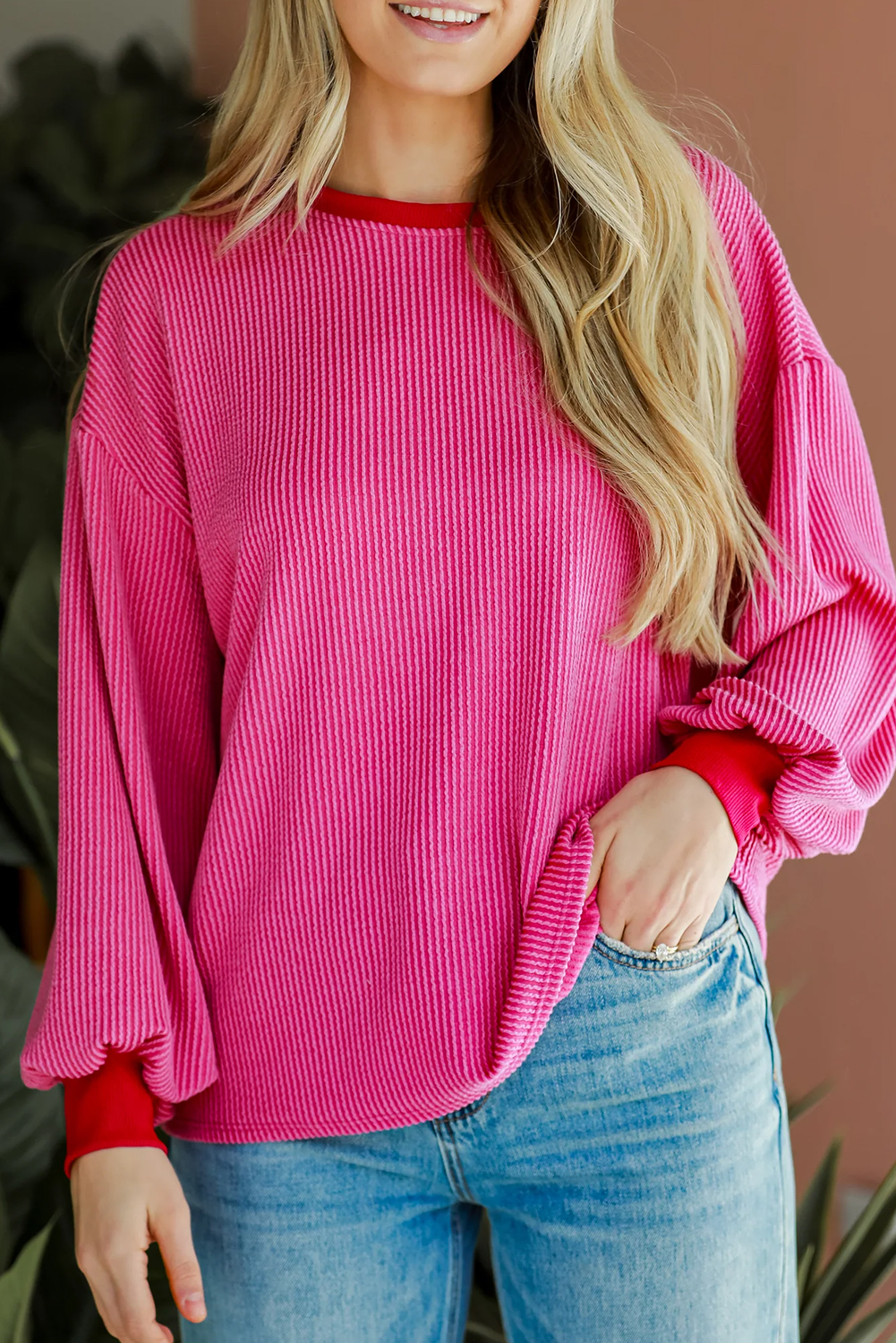 Bright Pink Corded Contrast Edge Drop Shoulder Long Sleeve Top - loveforevers