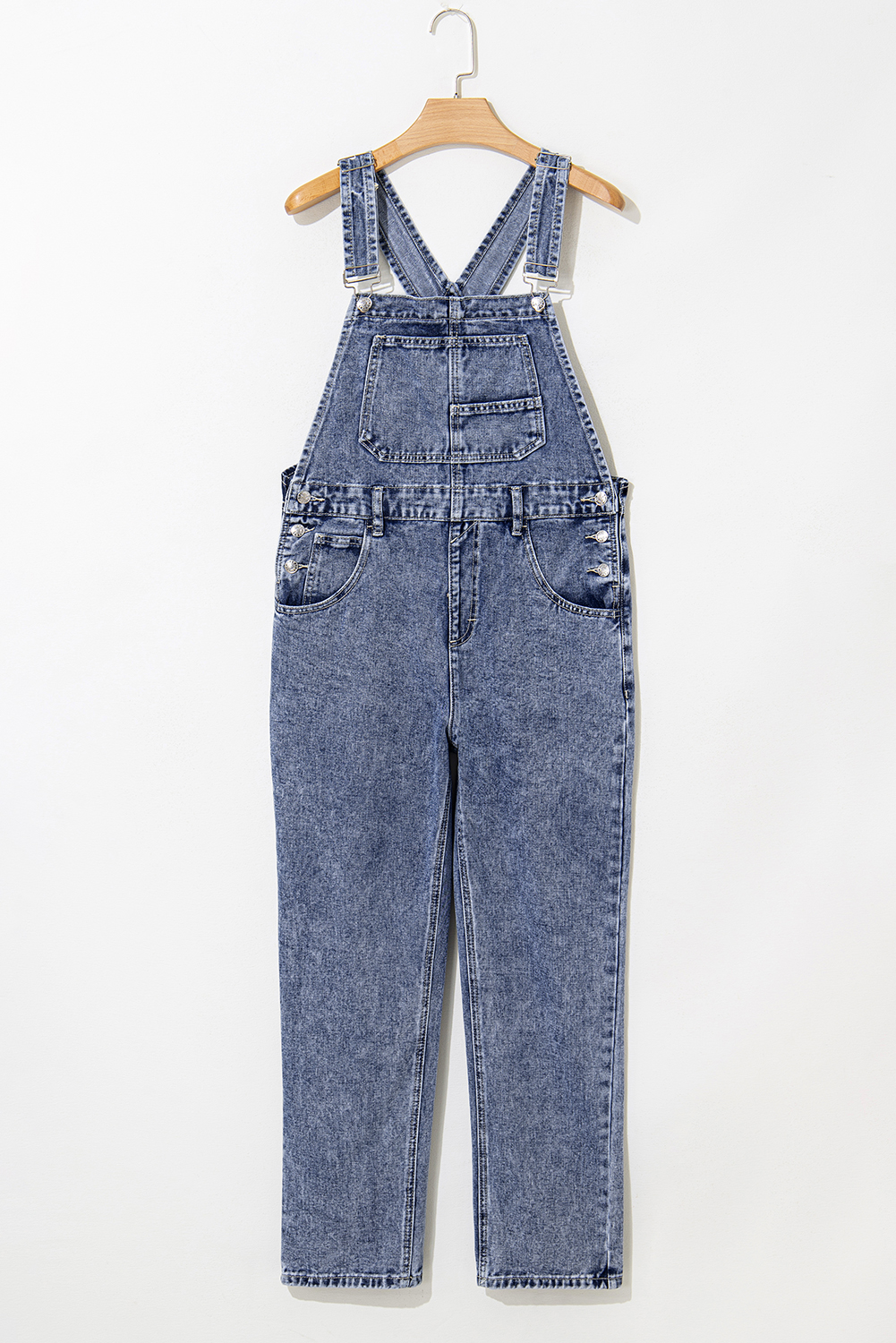 Sail Blue Denim Bib Straight Leg Jumpsuit with Pockets - loveforevers
