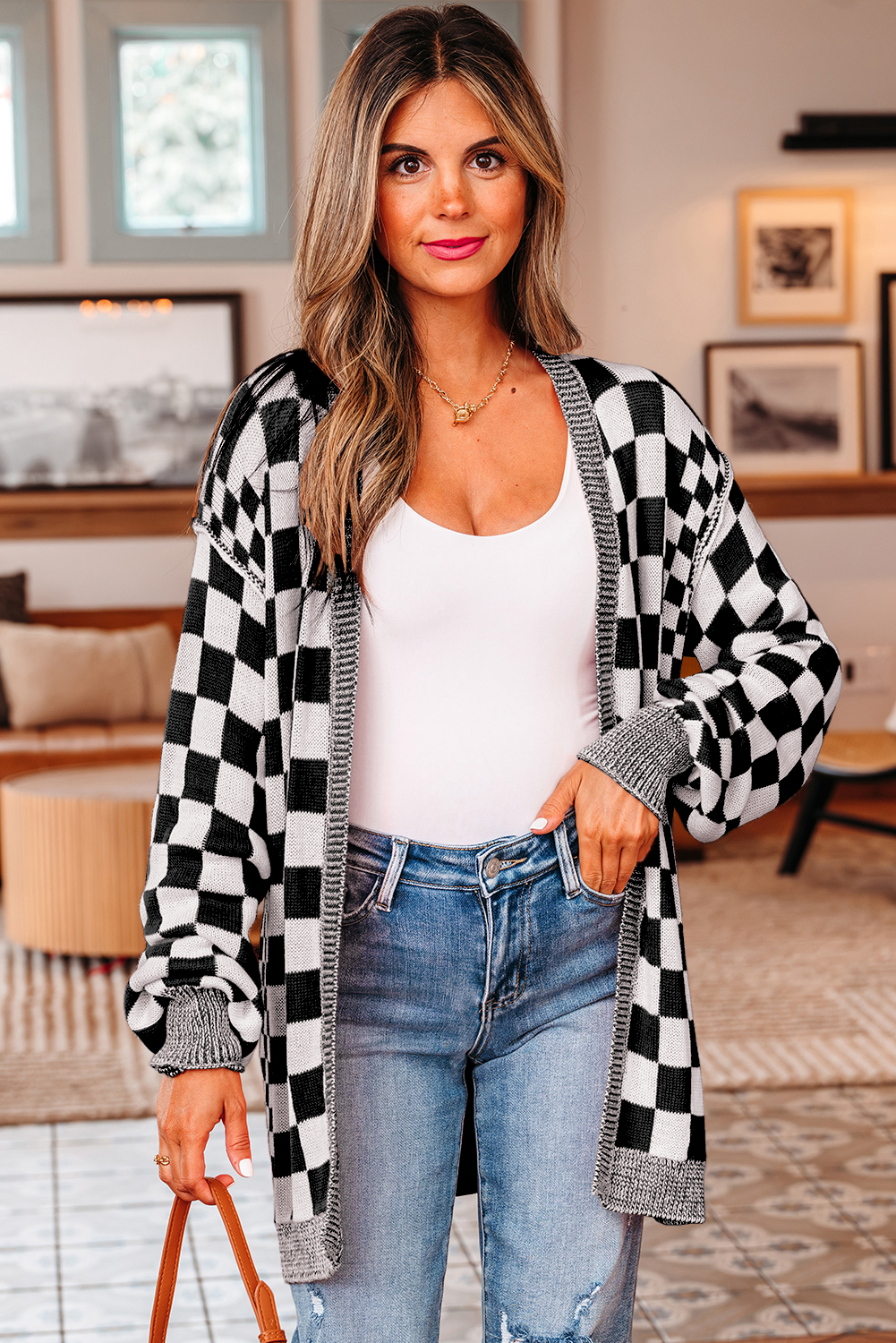 Black Checkered Open Front Drop Shoulder Cardigan - loveforevers
