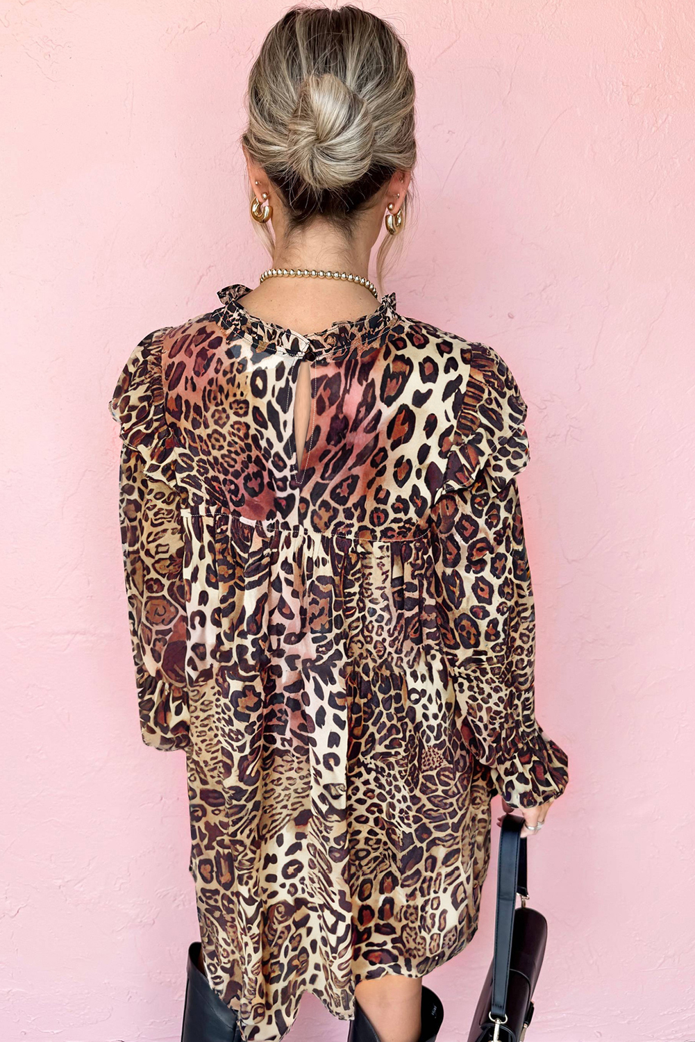Brown Leopard Ruffled Detail Long Sleeve Loose Mini Dress - loveforevers