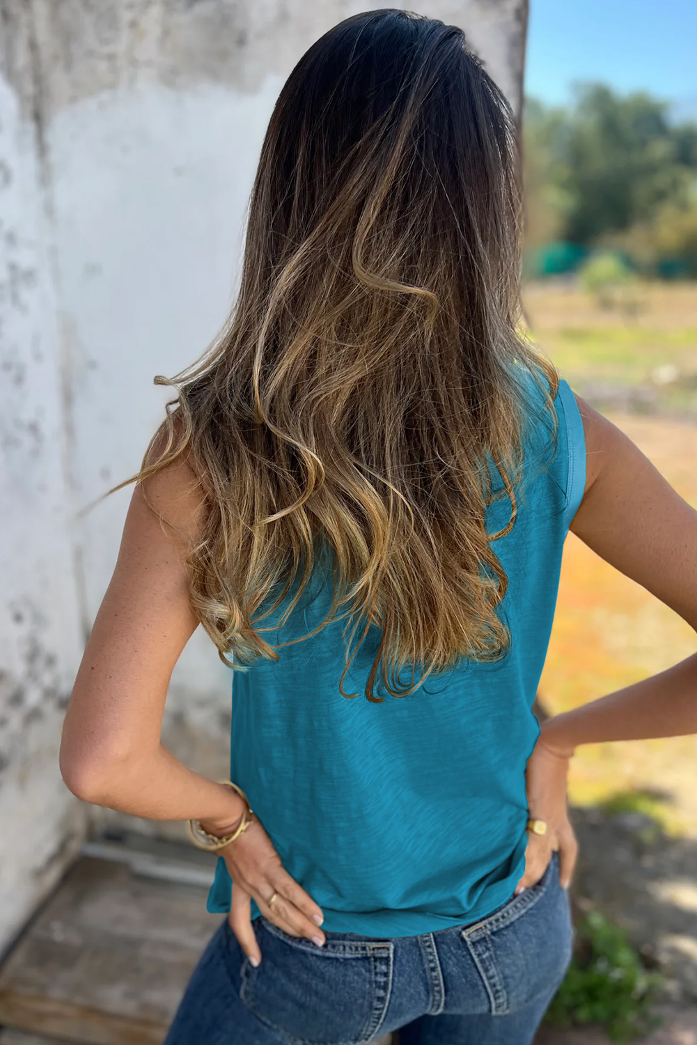 Tan Metallic Sheen Edge Scoop Neck Tank Top - loveforevers