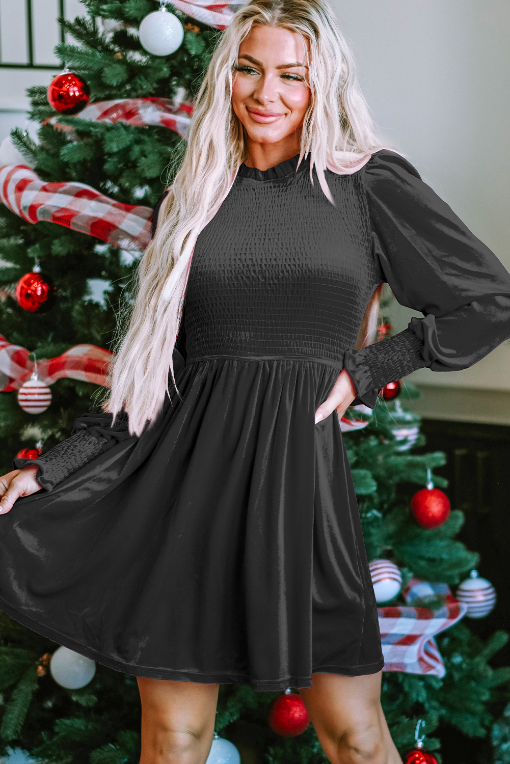 Black Frilled Neck Smocked Bodice Velvet Dress - loveforevers