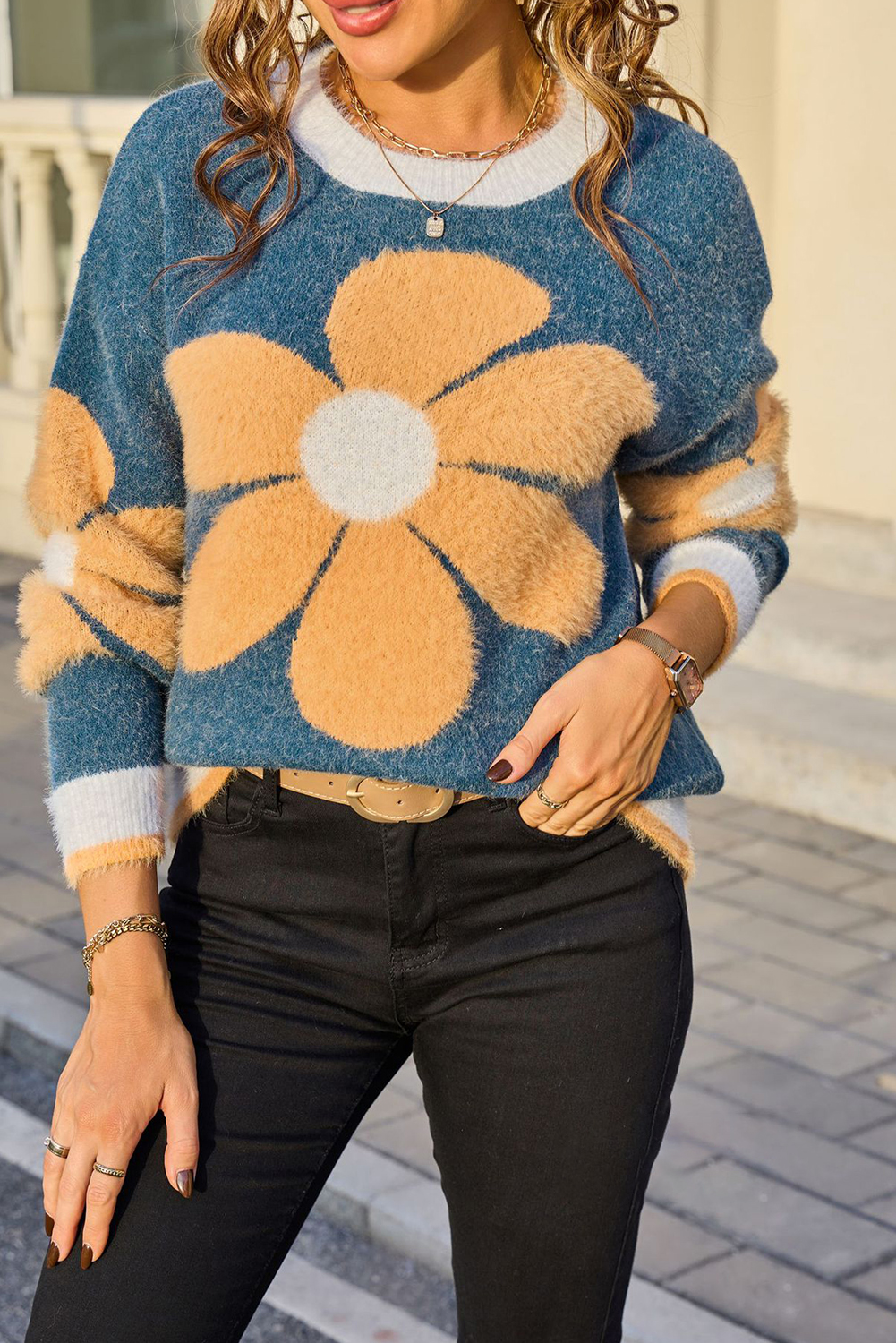Sail Blue Plush Flower Pattern Ribbed Detail Cozy Sweater - loveforevers