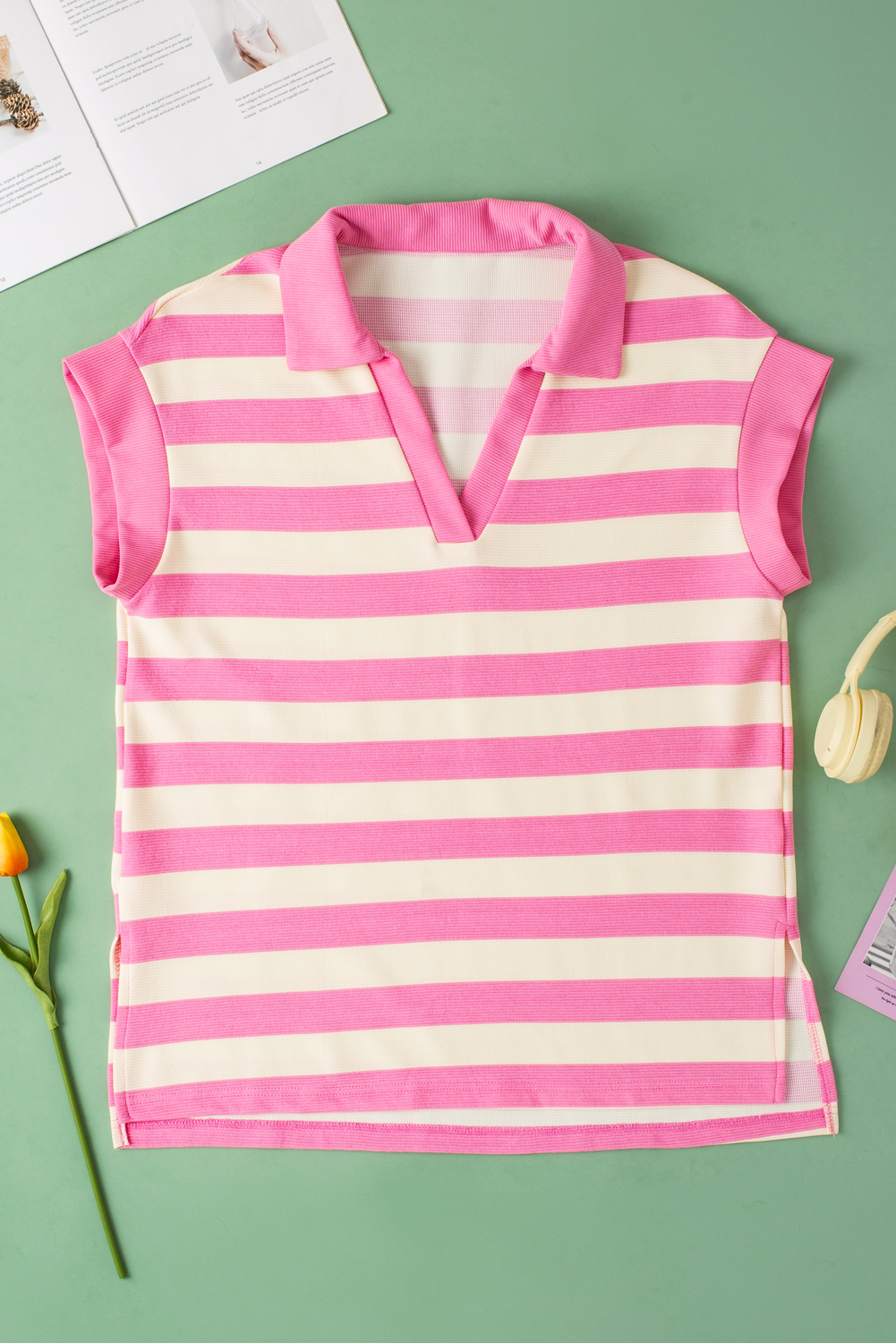 Pink Stripe V Neck Collared Cap Sleeve Top - loveforevers