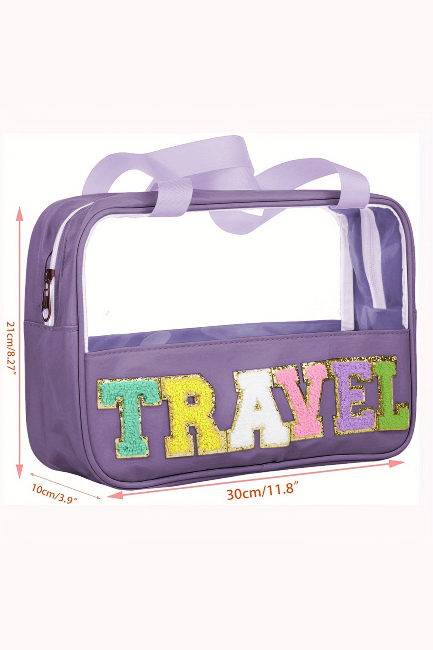 Light Pink TRAVEL Chenille Letter Clear PVC Makeup Bag - loveforevers