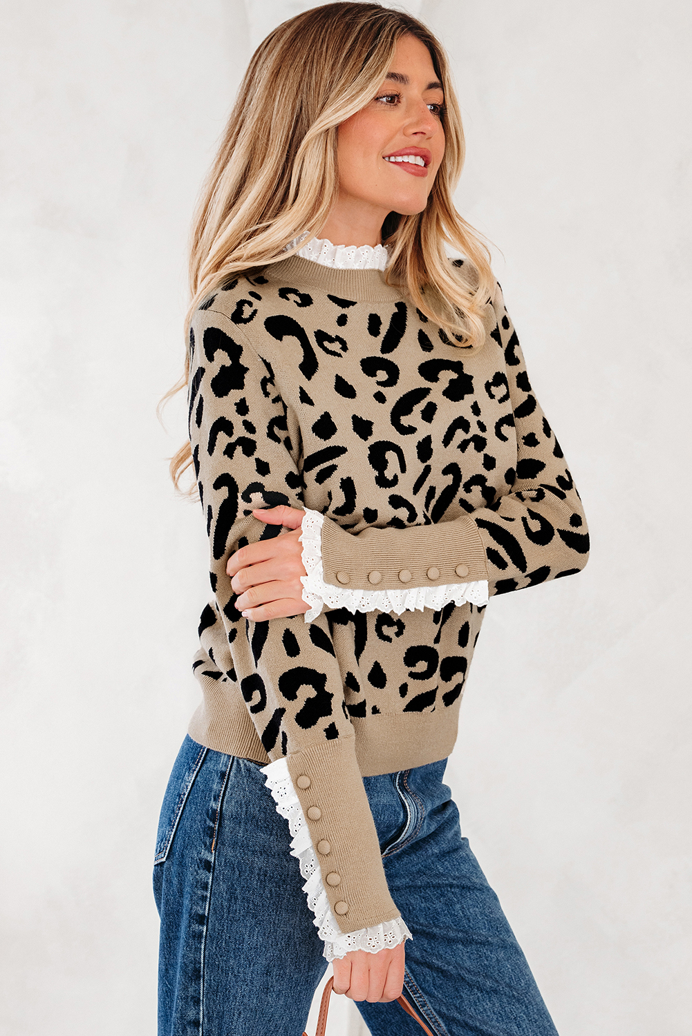Dearlovers Brown Leopard Pattern Lace Ribbed Detail Button Cuffed Sweater - loveforevers