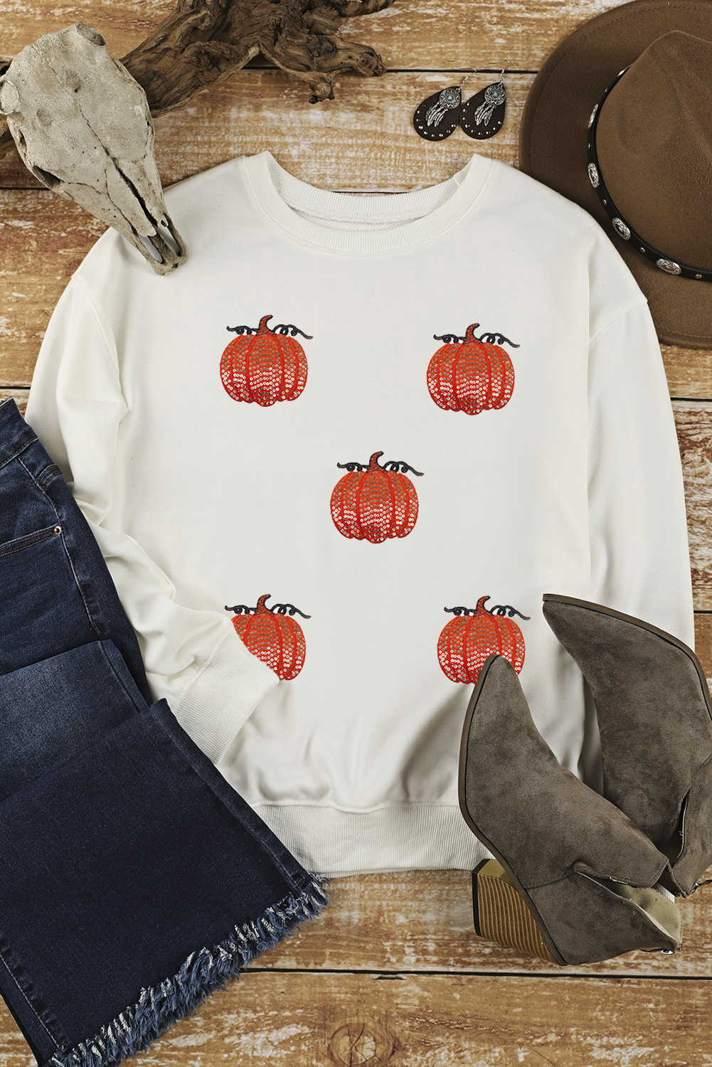 White Sequin Pumpkin Patched Drop Shoulder Sweatshirt - loveforevers