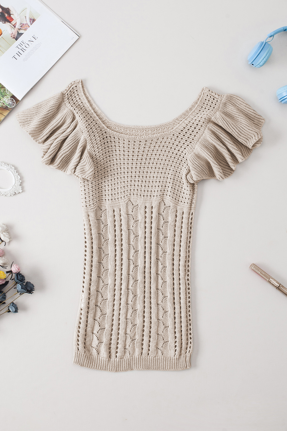 Beige Pointelle Knit Flutter Sleeve Sweater - loveforevers