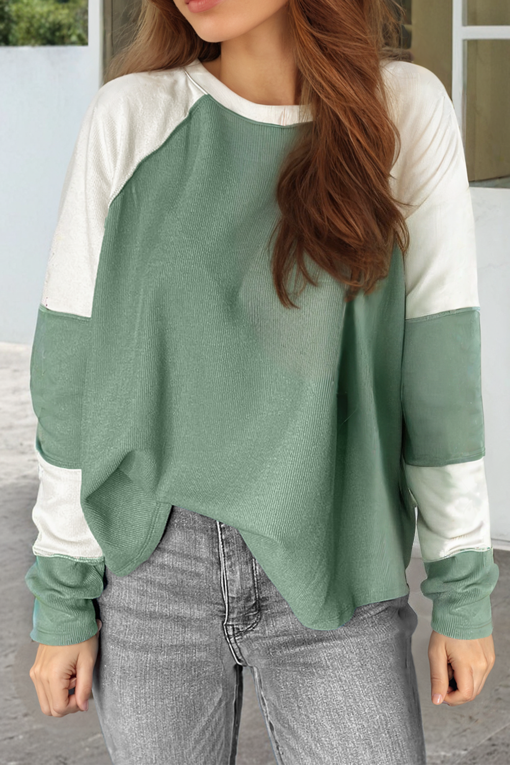 Mint Green Ribbed Colorblock Patchwork Raglan Long Sleeve Top - loveforevers