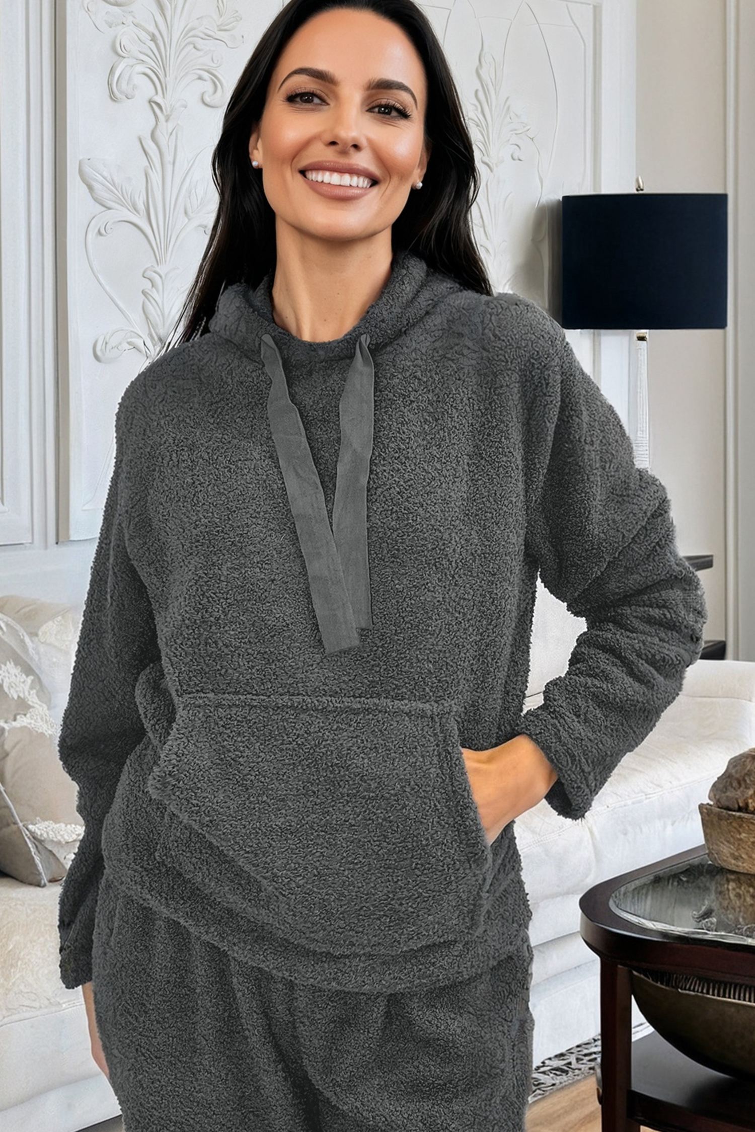 Medium Grey Fuzzy Drawstring Hoodie Lounge Pants 2pcs Set - loveforevers