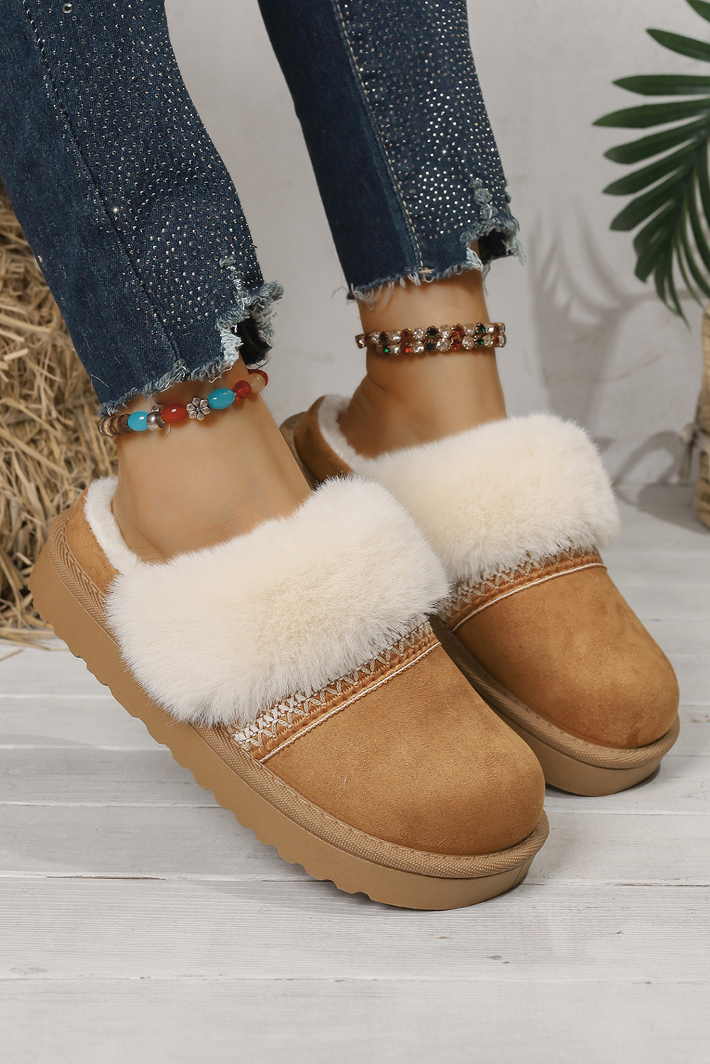 White Faux Suede Plush Trim Ethnic Mule Slippers - loveforevers