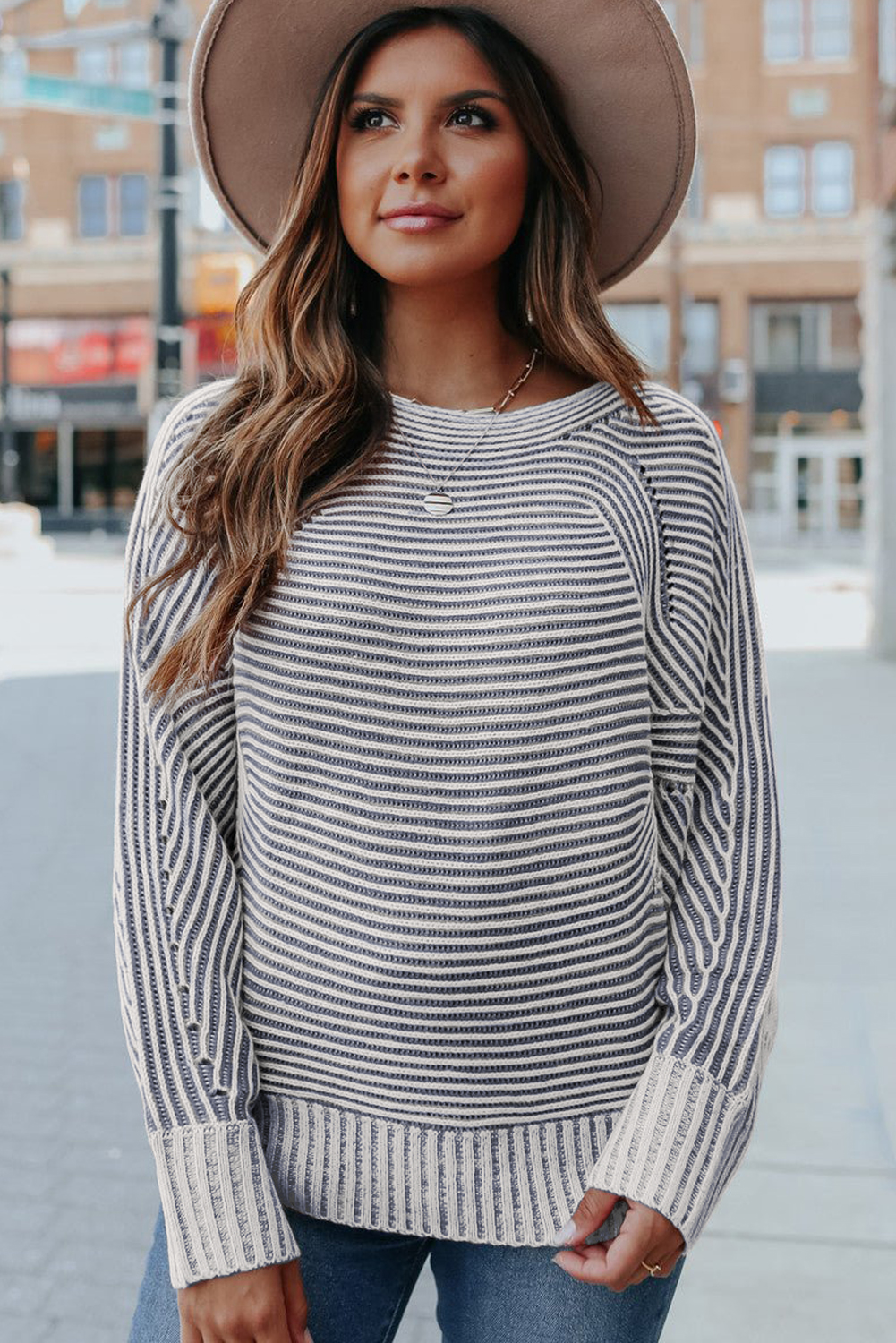 Coffee Striped Print Ribbed Knit Boat Neck Baggy Sweater - loveforevers