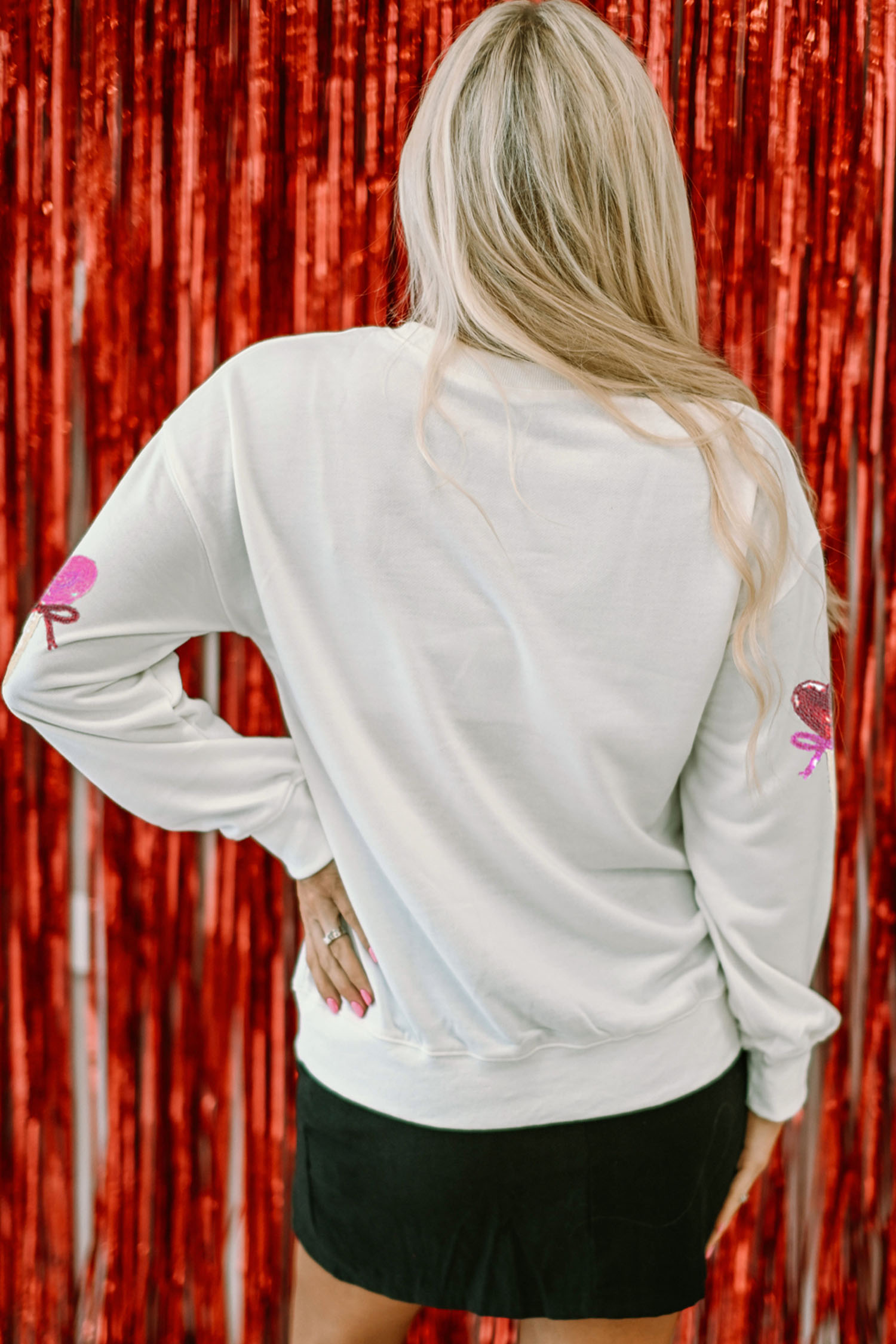 White Sequin Bow Heart Shape Lolly Valentines Day Graphic Sweatshirt - loveforevers