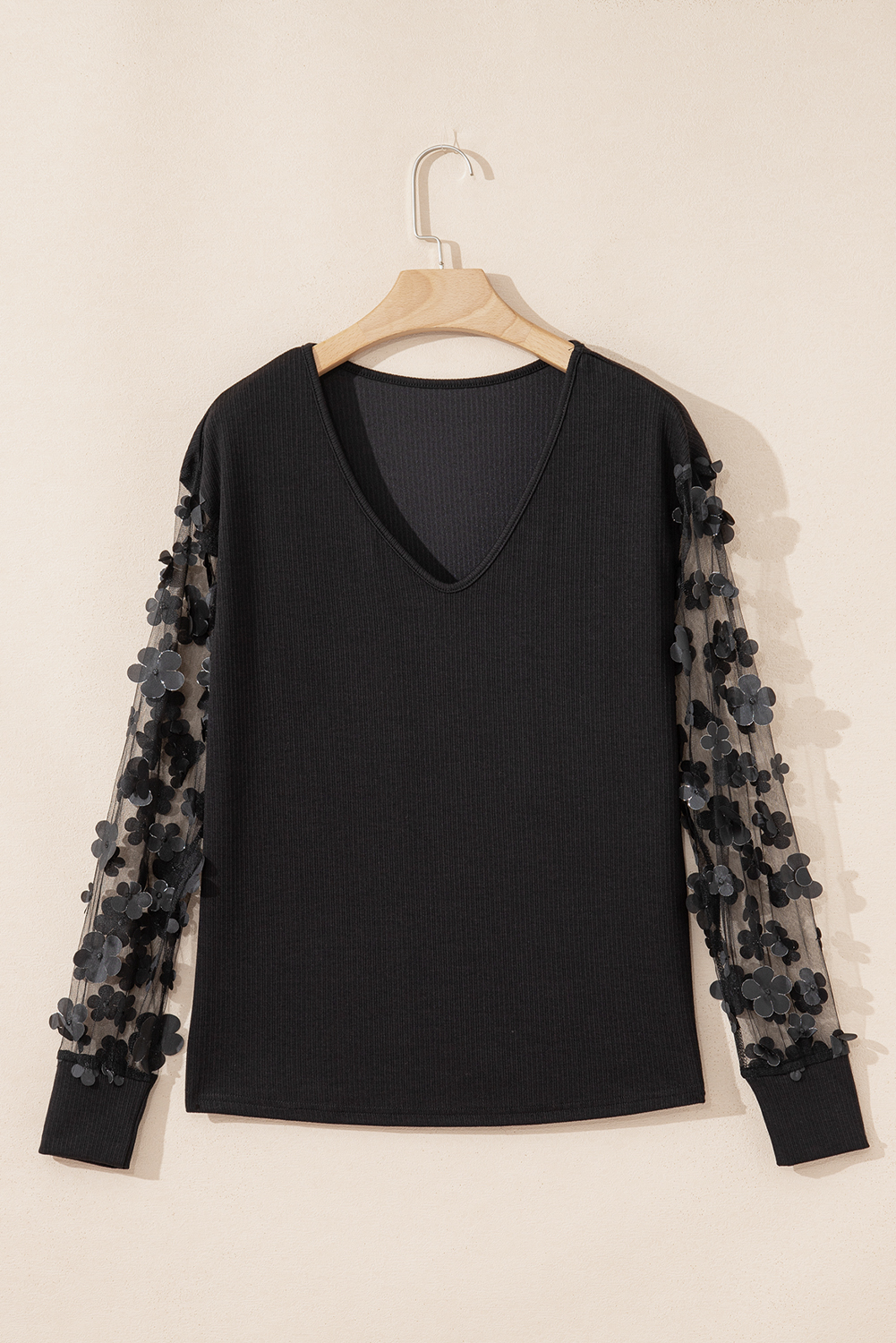 Black Flower Applique Mesh Long Sleeve V Neck Blouse - loveforevers