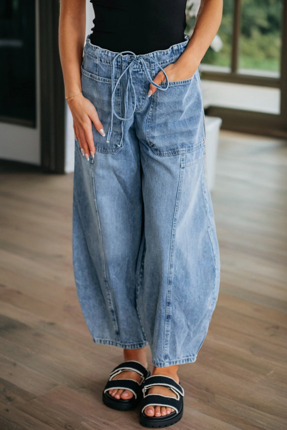 Myosotis Large Patch Pocket Drawstring Paperbag Waist Barrel Jeans - loveforevers
