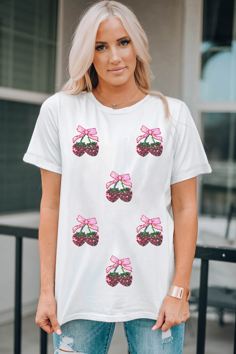 White Sequin Bow Strawberry Graphic Crew Neck T Shirt - loveforevers