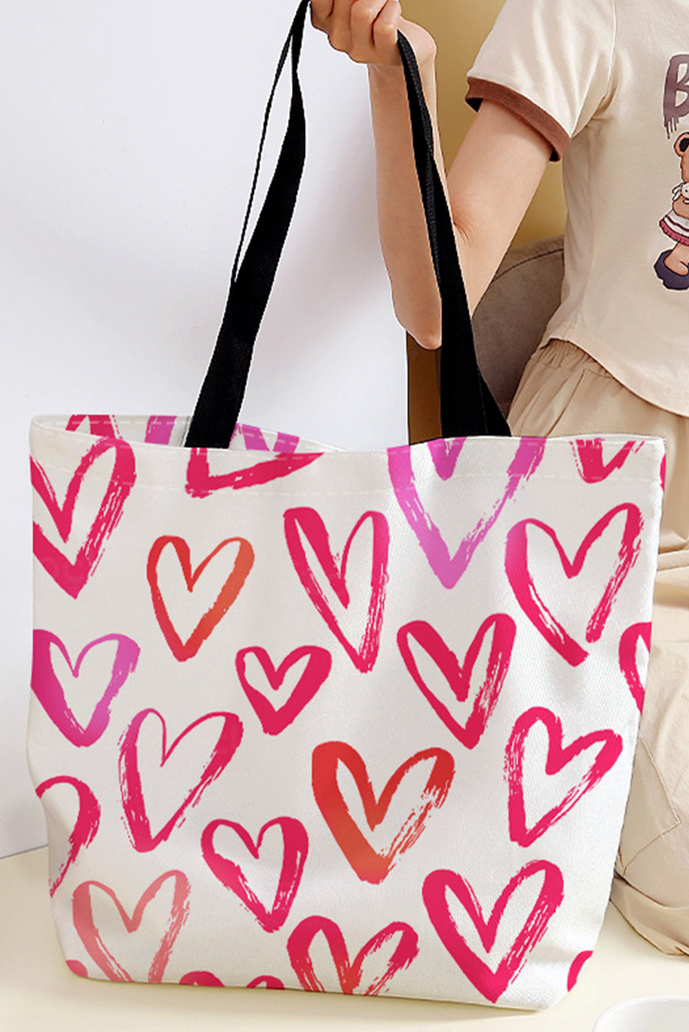 Bright Pink Heart Shape Print Canvas Large Tote Bag - loveforevers