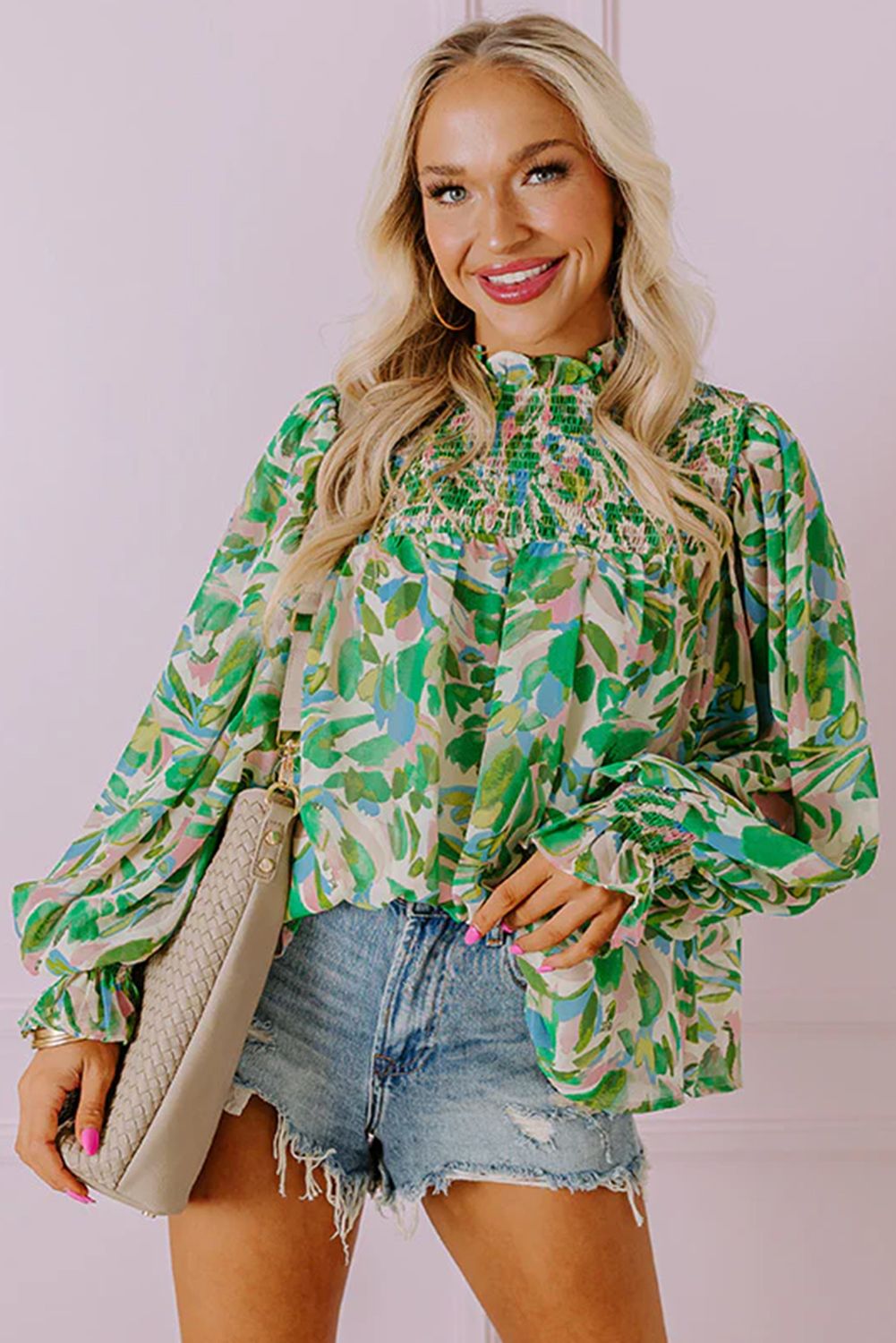 Green Leafy Printed Flounce Sleeve Shirred Mock Neck Blouse - loveforevers