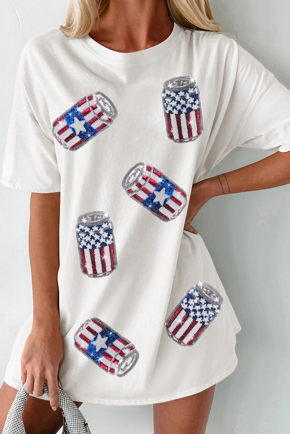 White Sequin American Flag Can Oversized Graphic Tee - loveforevers