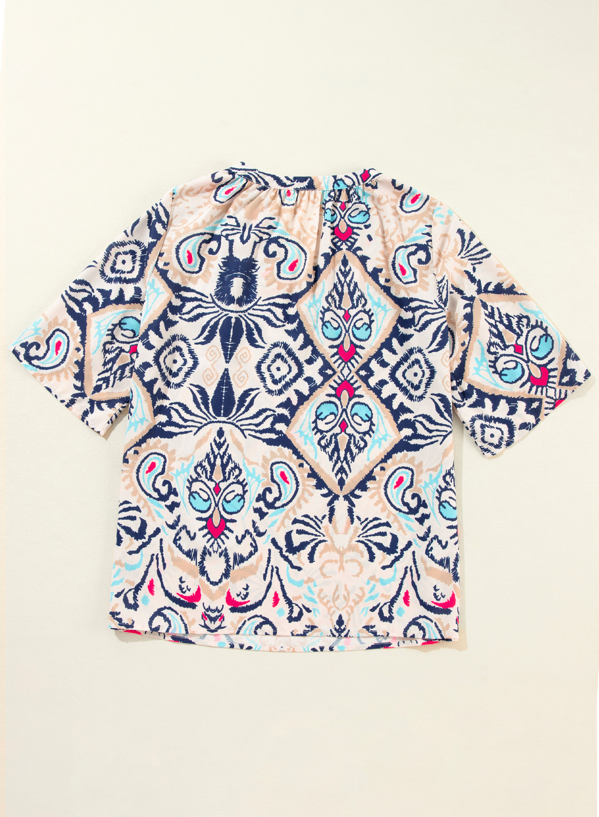 White Abstract Printed Notched V Neck Split Half Sleeve Blouse - loveforevers