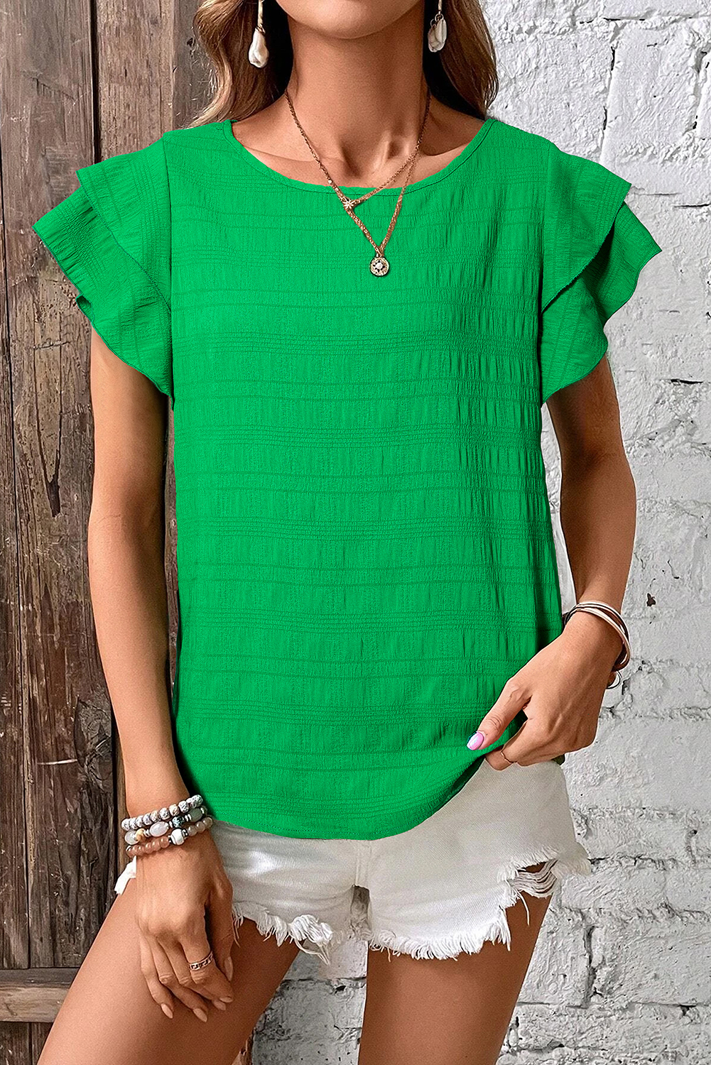 Dark Green Textured Ruffled Sleeve Round Neck Top - loveforevers