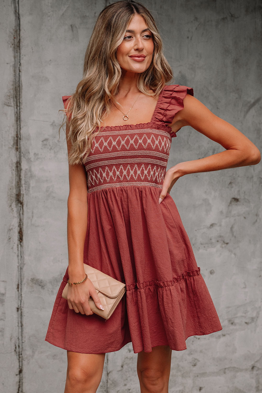 Red Sandalwood Geometric Stitch Shirred Bodice Ruffled Trim Sleeveless Mini Dress - loveforevers