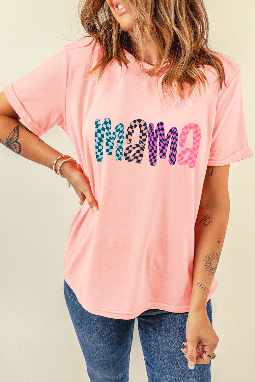 Pink Checkerboard mama Printed Crew Neck Tee - loveforevers