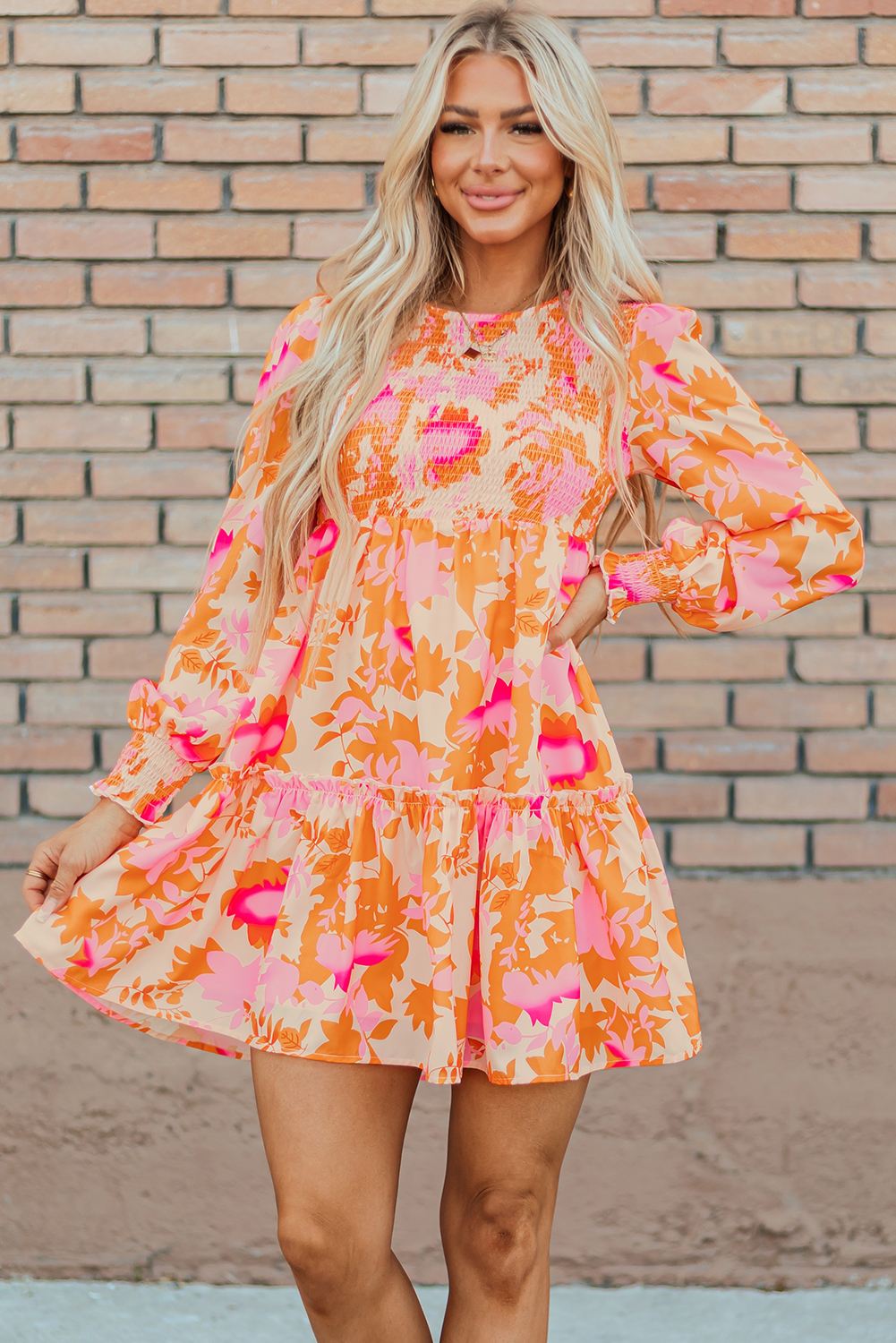 Orange Abstract Print Smocked Lantern Sleeve Ruffle Mini Dress - loveforevers
