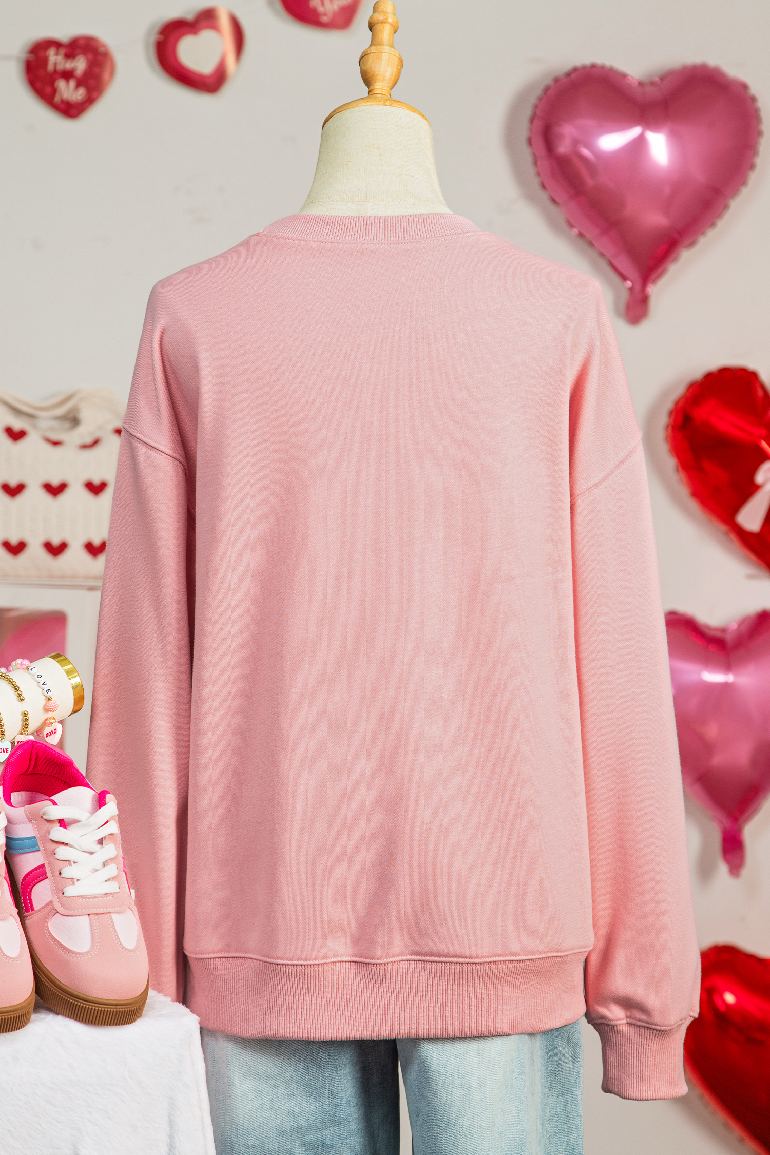 Pink Sequined Valentine Heart Print Round Neck Sweatshirt - loveforevers