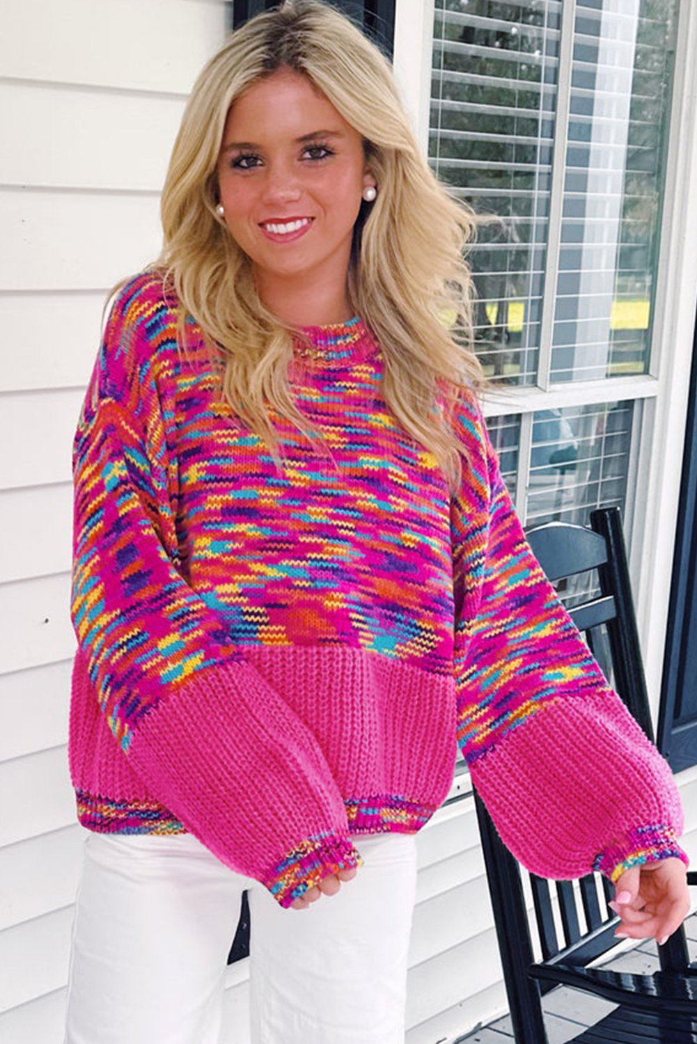 Bright Pink Rainbow Confetti Drop Shoulder Sweater - loveforevers