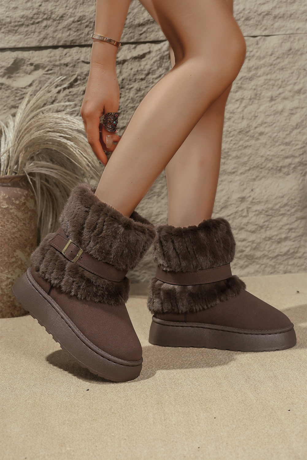 Dark Brown Versatile Fuzzy Cuff Faux Suede PU Leather Slip On Lug Sole Ankle Booties - loveforevers