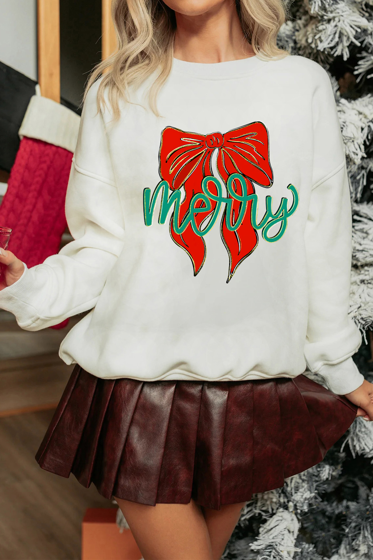 White merry Festive Bow Print Drop Shoulder Loose Pullover Sweatshirt - loveforevers