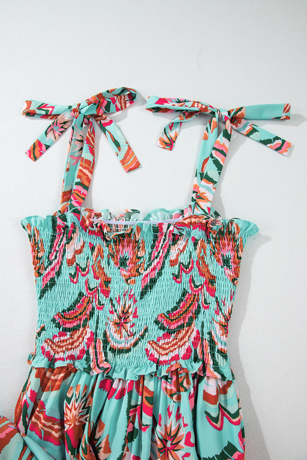 Green Abstract Print Smocked Bodice Knotted Straps Ruffled Maxi Dress - loveforevers