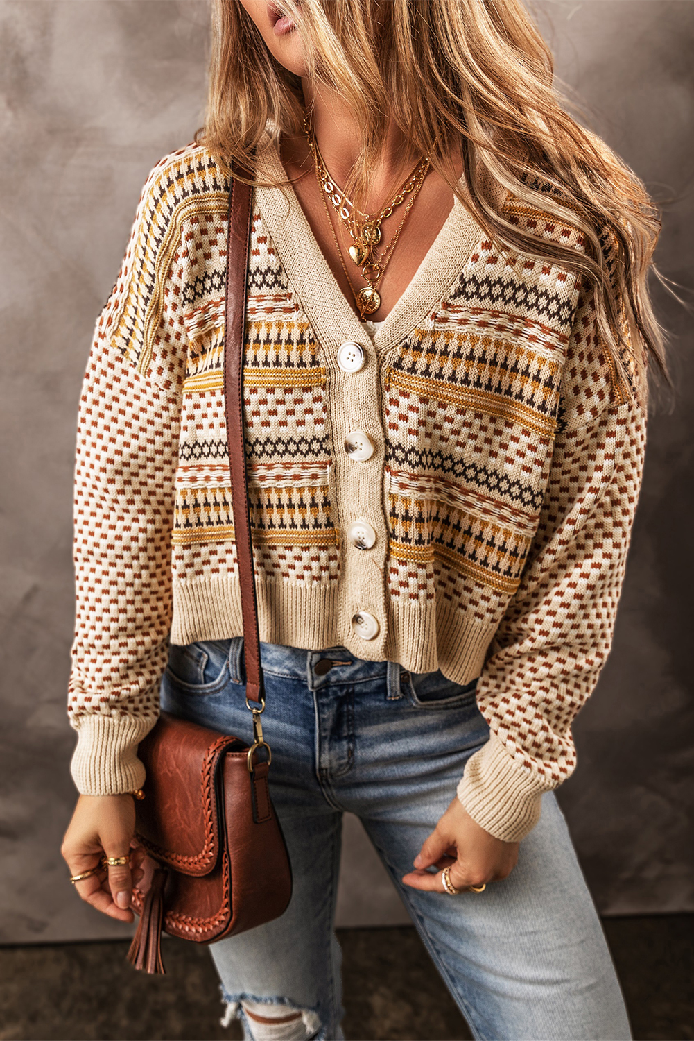 Khaki Buttoned V Neck Cropped Cardigan - loveforevers