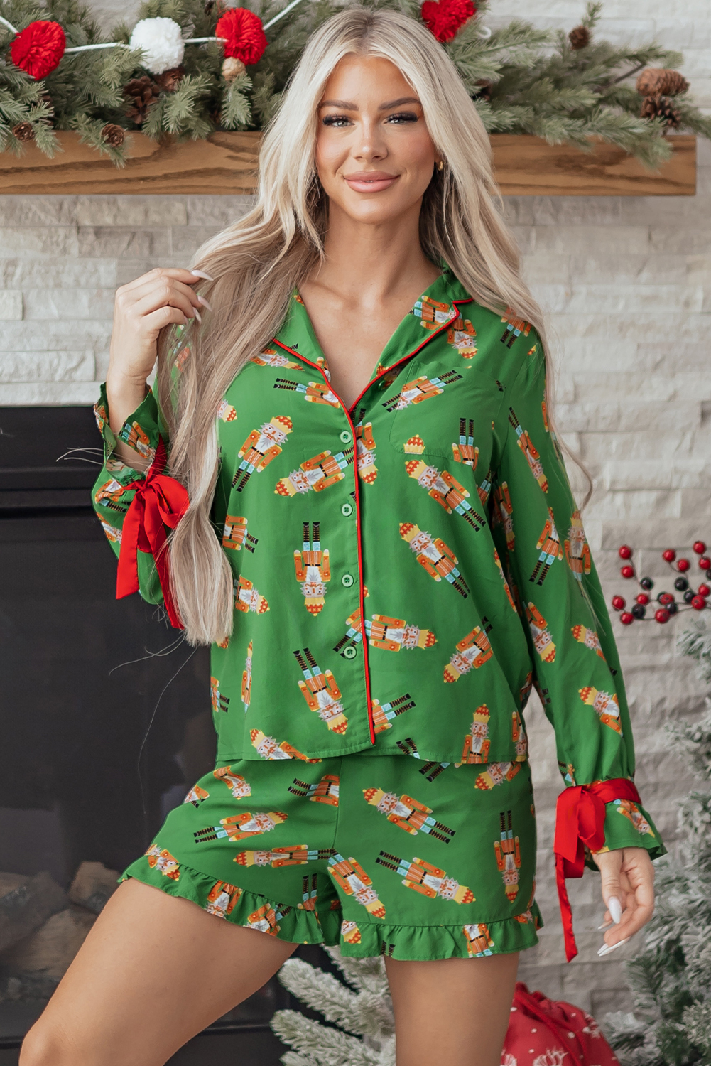 Green Christmas Candy Contrast Trim Bow Knot Silky 2pcs Pajama Set - loveforevers
