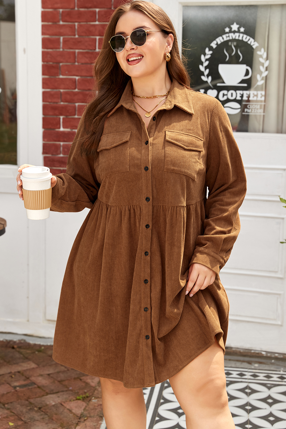 Camel Corduroy Full Buttoned Collared Shirt Style Plus Size Dress - loveforevers