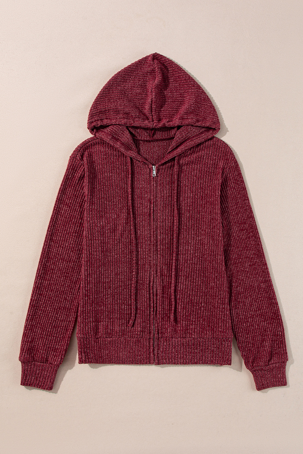 Dark Grey Ribbed Zip Up Front Drawstring Hoodie - loveforevers
