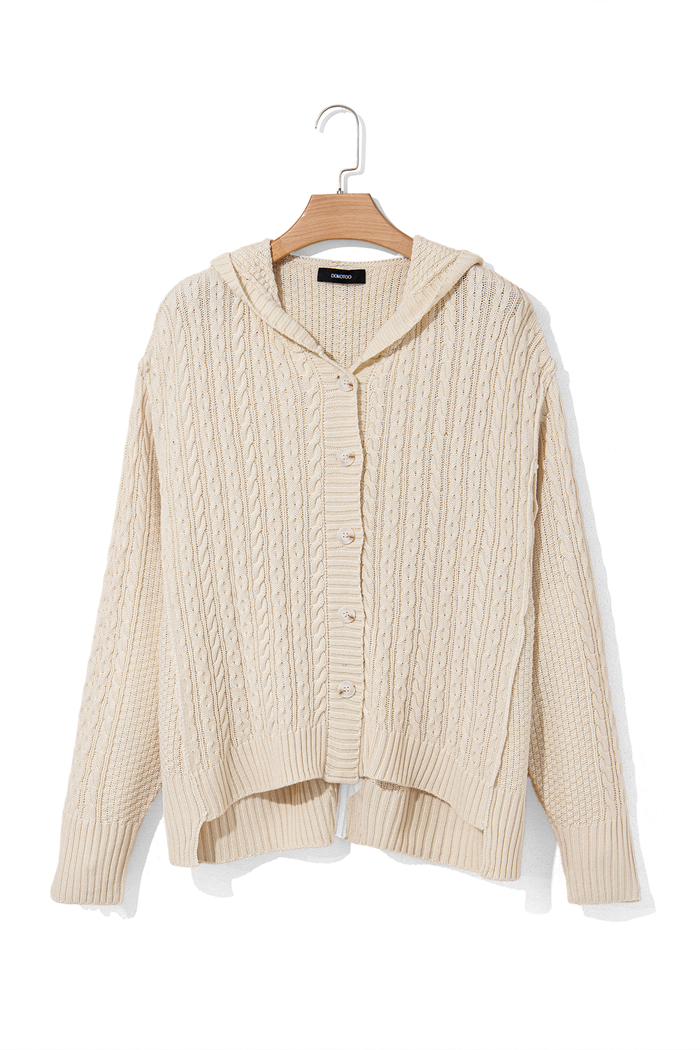 White Cable Knit Texture Uneven Hem Hooded Chic Cardigan - loveforevers