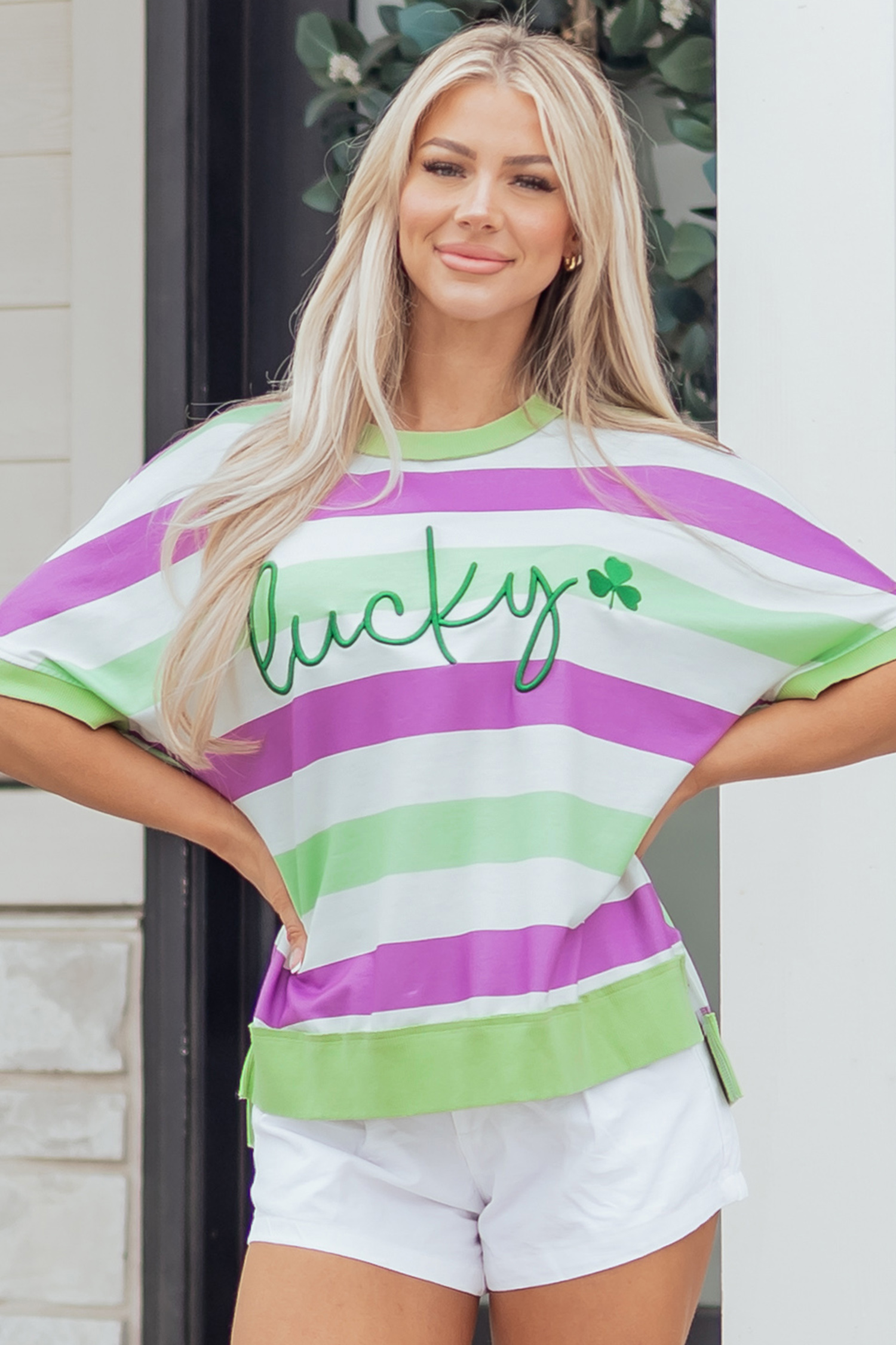 Green Stripe Lucky Clover Embroidered Graphic Dolman Loose Tee - loveforevers