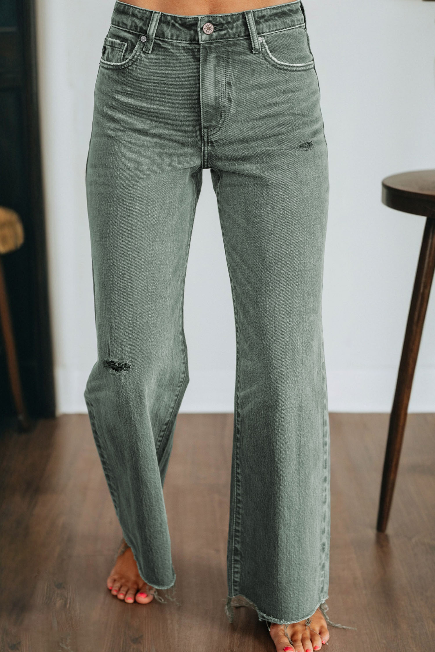 Four Leaf Clover Slight Distressed Raw Edge Wide Leg Jeans - loveforevers