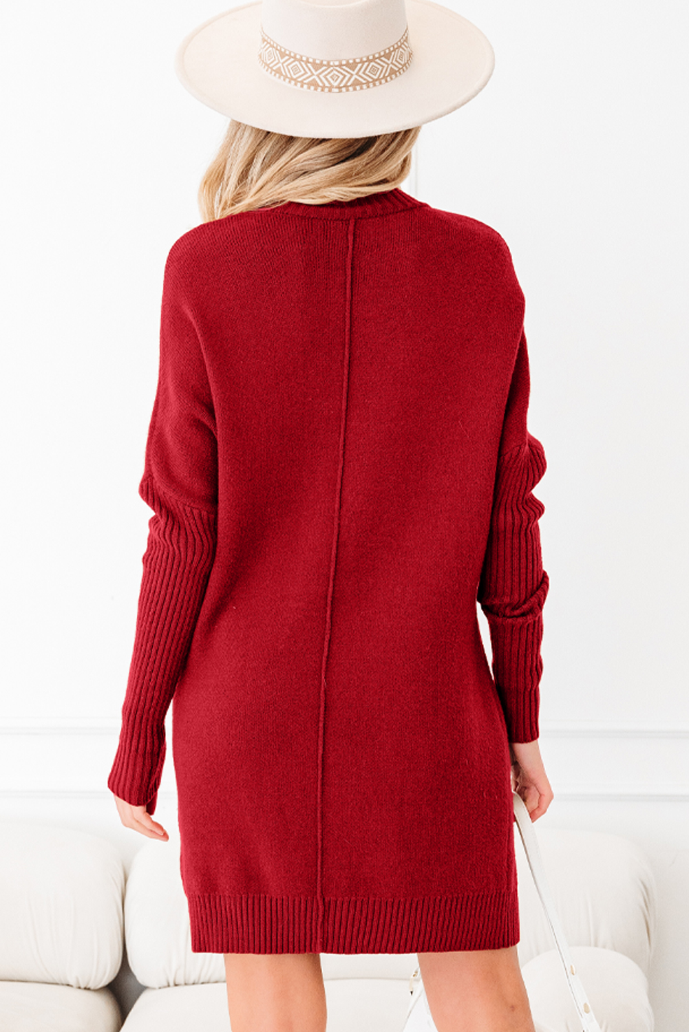 Fiery Red Ribbed High Neck Front Pockets Center Seam Shift Sweater Dress - loveforevers